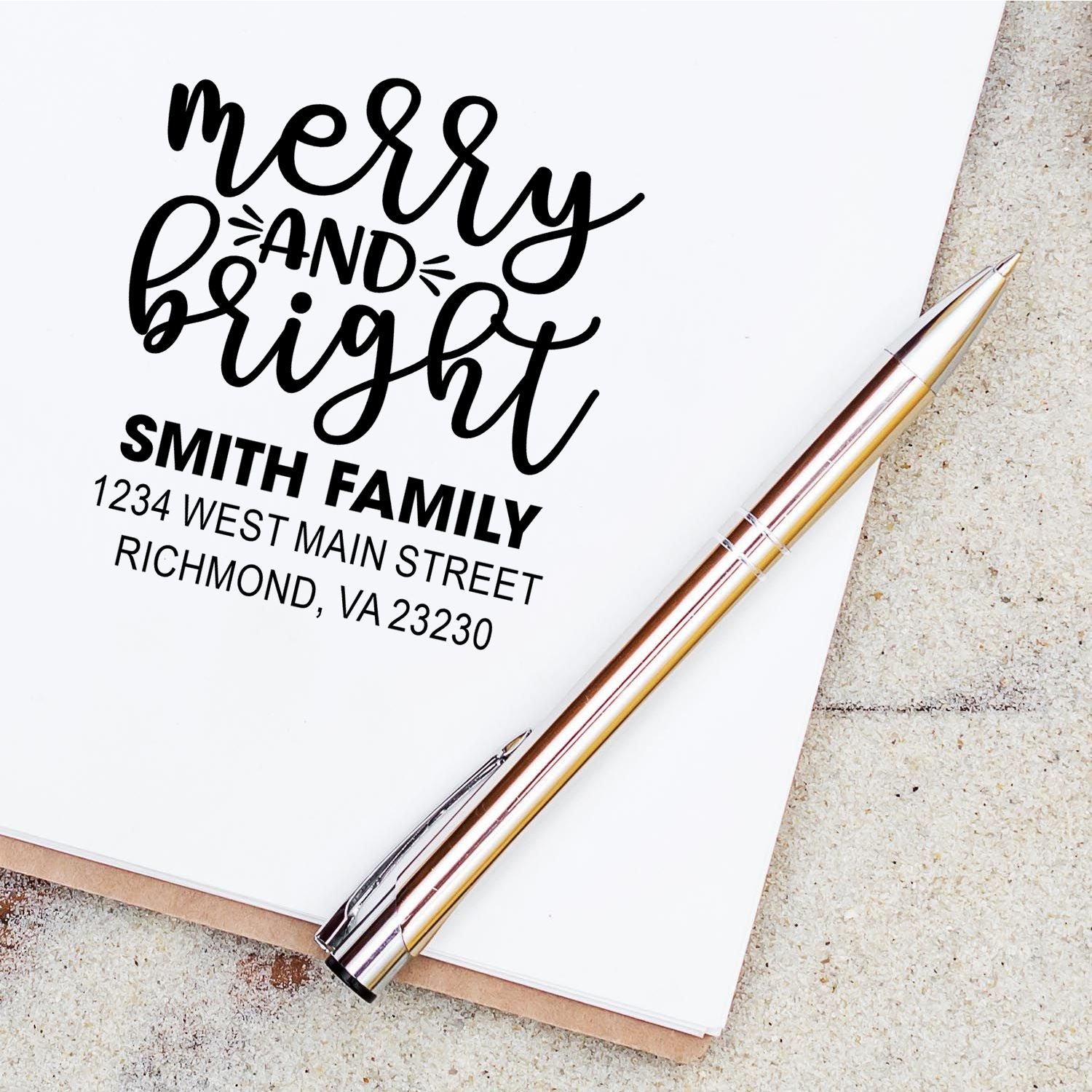 Custom merry and bright return address rubber stamp for holiday cards, personalized with Smith family name and address.