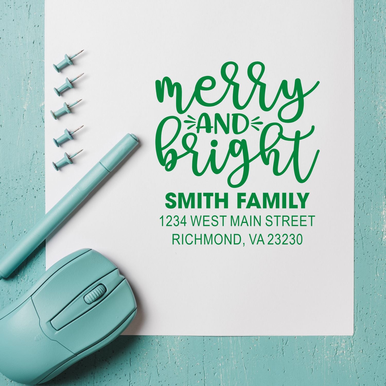Personalized Merry and Bright return address rubber stamp for Smith Family holiday cards and festive mailings.