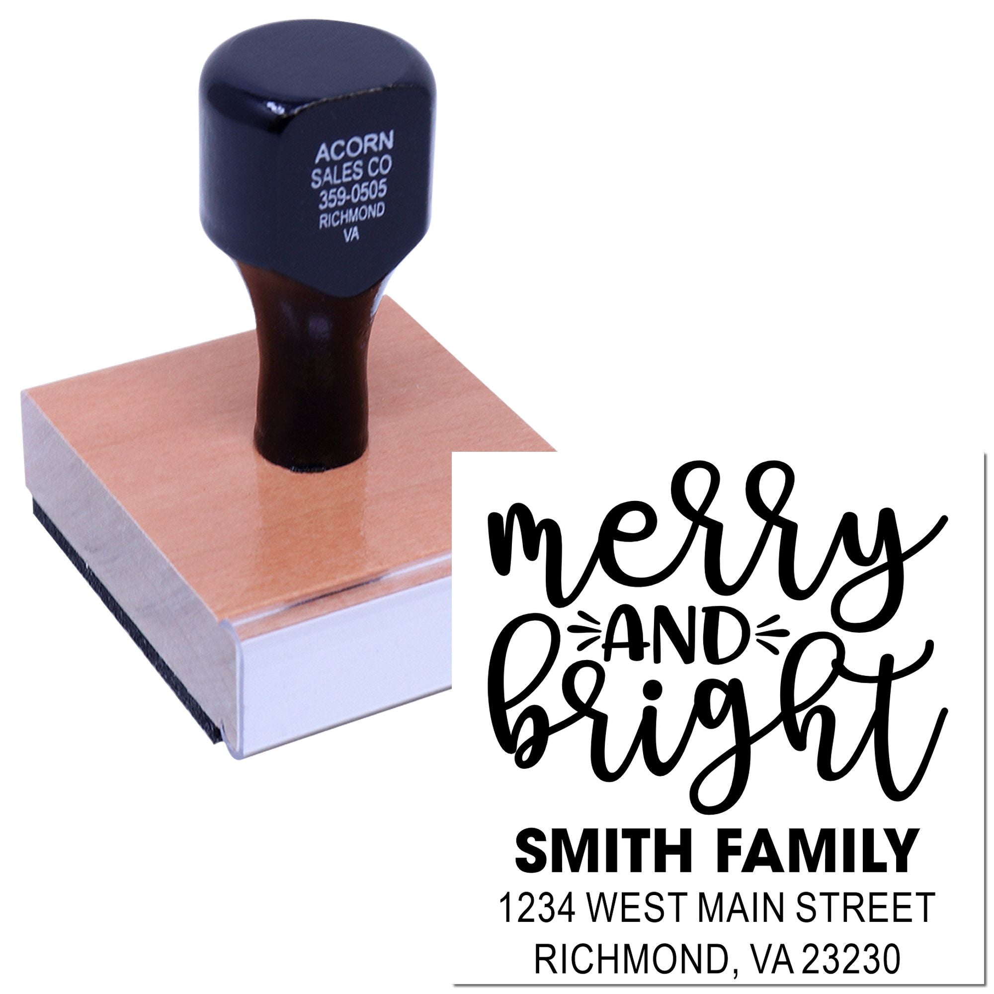 Custom Christmas address rubber stamp with Merry and Bright design for Smith Family holiday cards and envelopes.
