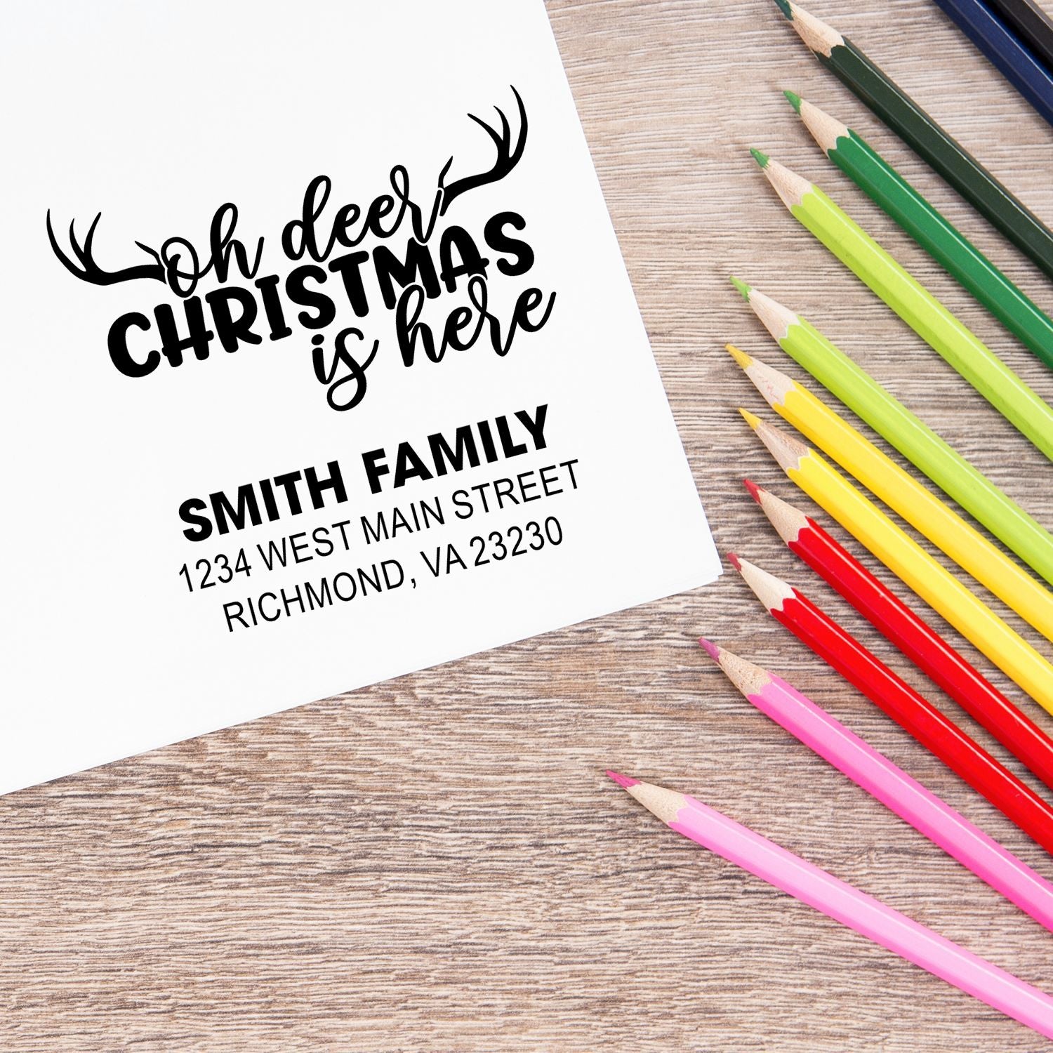 Custom Christmas return address rubber stamp with deer antlers, personalized Smith Family name and Richmond, VA address.