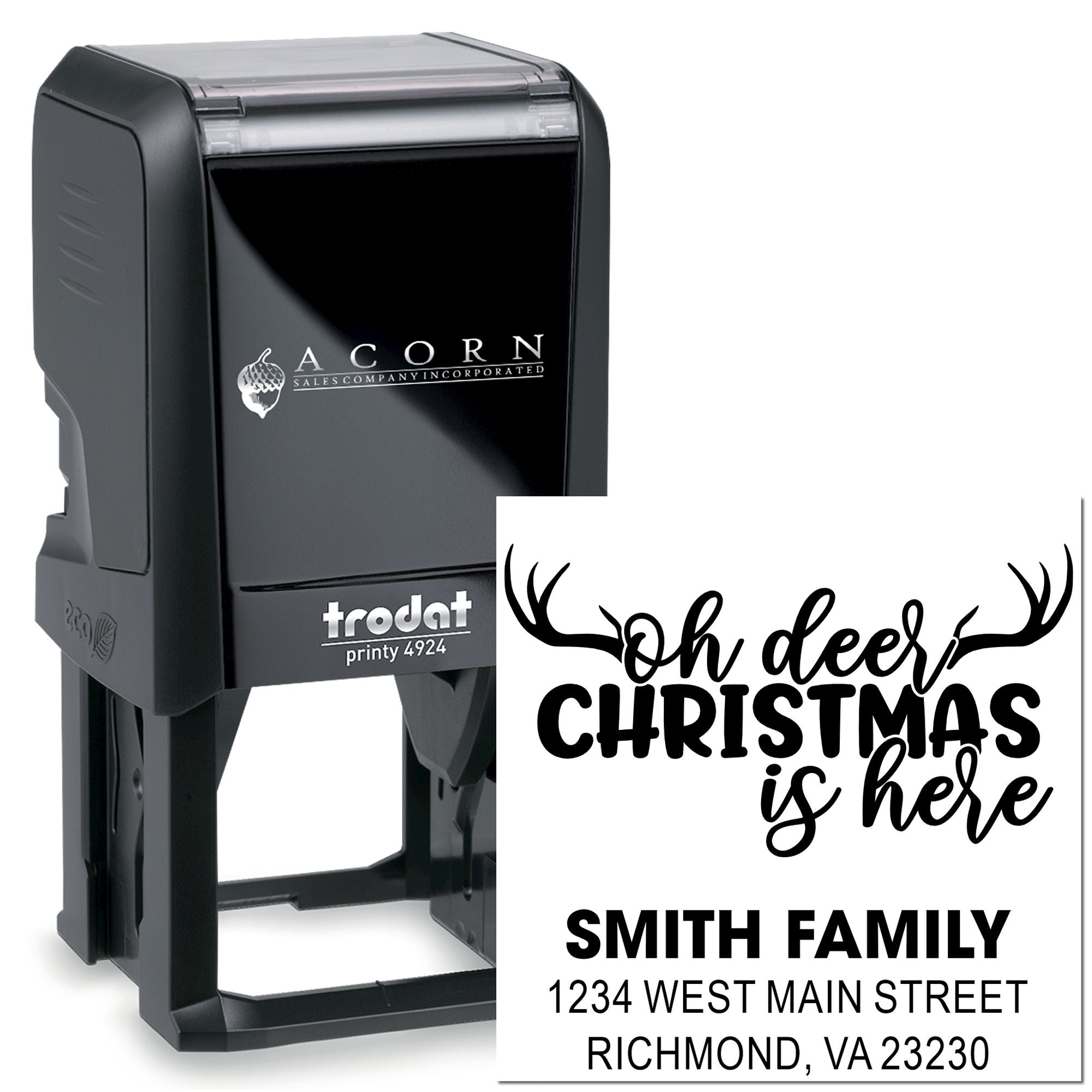 Personalized self-inking rubber stamp for Christmas cards with Oh deer! Christmas is here and Smith family return address.