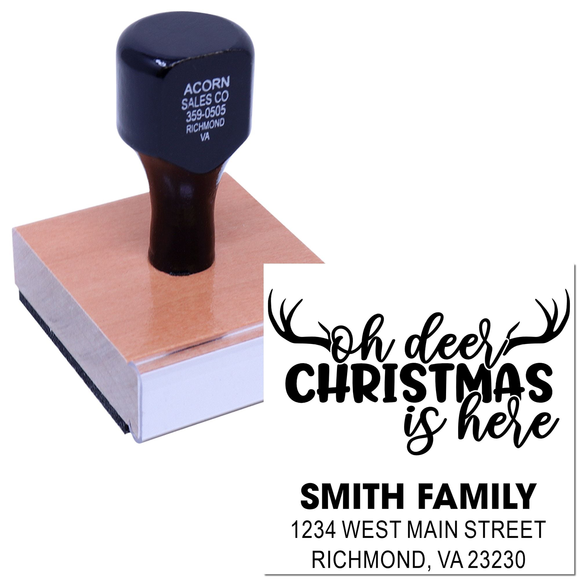 Custom rubber stamp for holiday cards with Oh deer Christmas is here and Smith family return address.