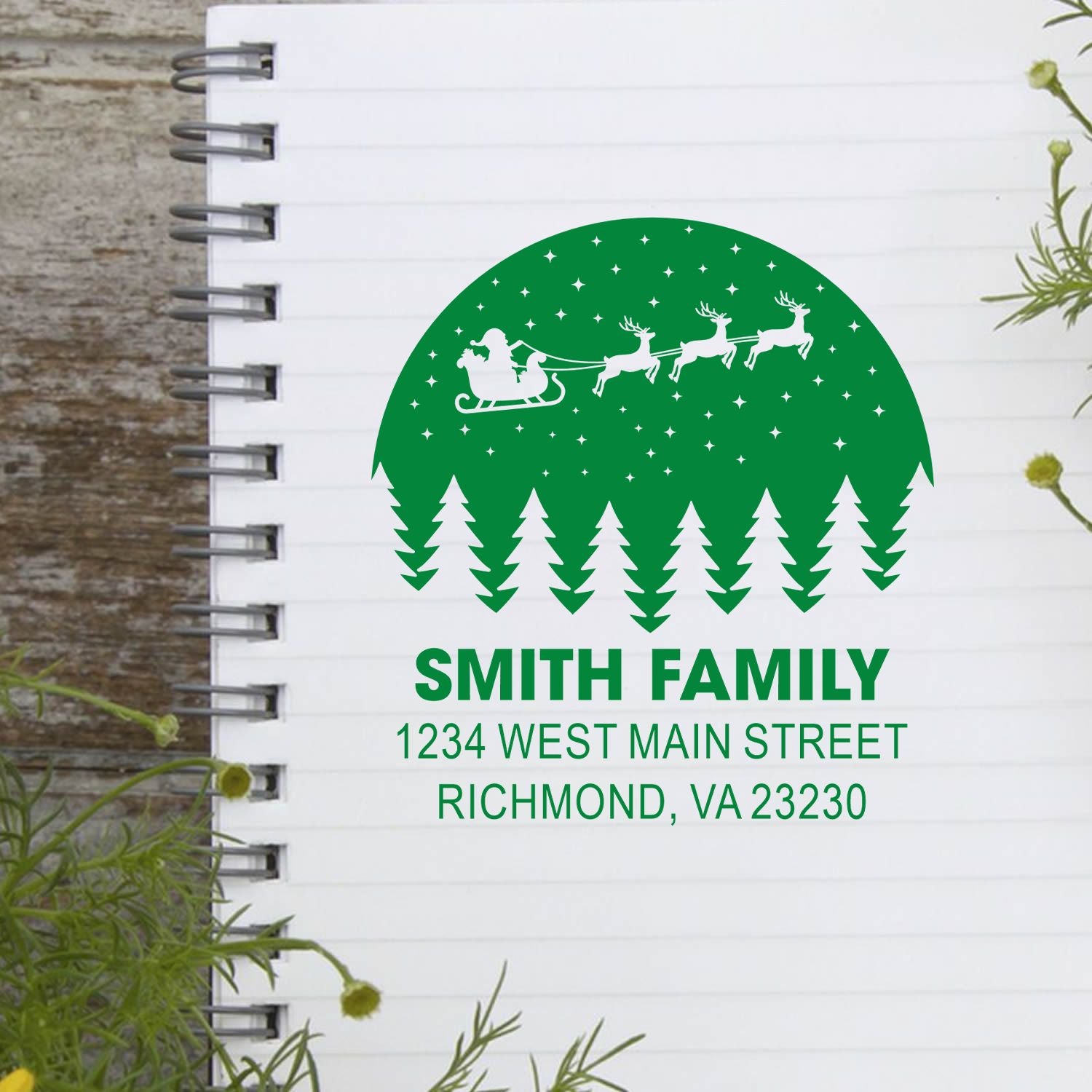 Custom Christmas return address rubber stamp with sleigh, reindeer and pine trees for Smith family holiday mailing labels.