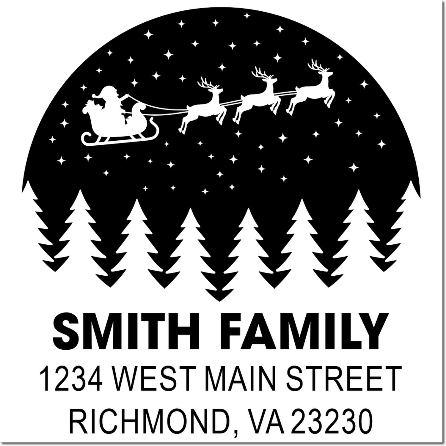 Custom Christmas return address rubber stamp with Santa sleigh, reindeer, pine trees, and Smith Family address in Richmond, VA.