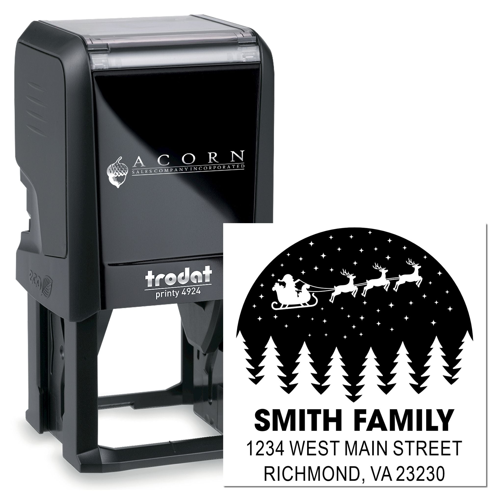 Trodat self-inking rubber stamp with custom holiday return address design for personalized mailing labels and greeting cards.
