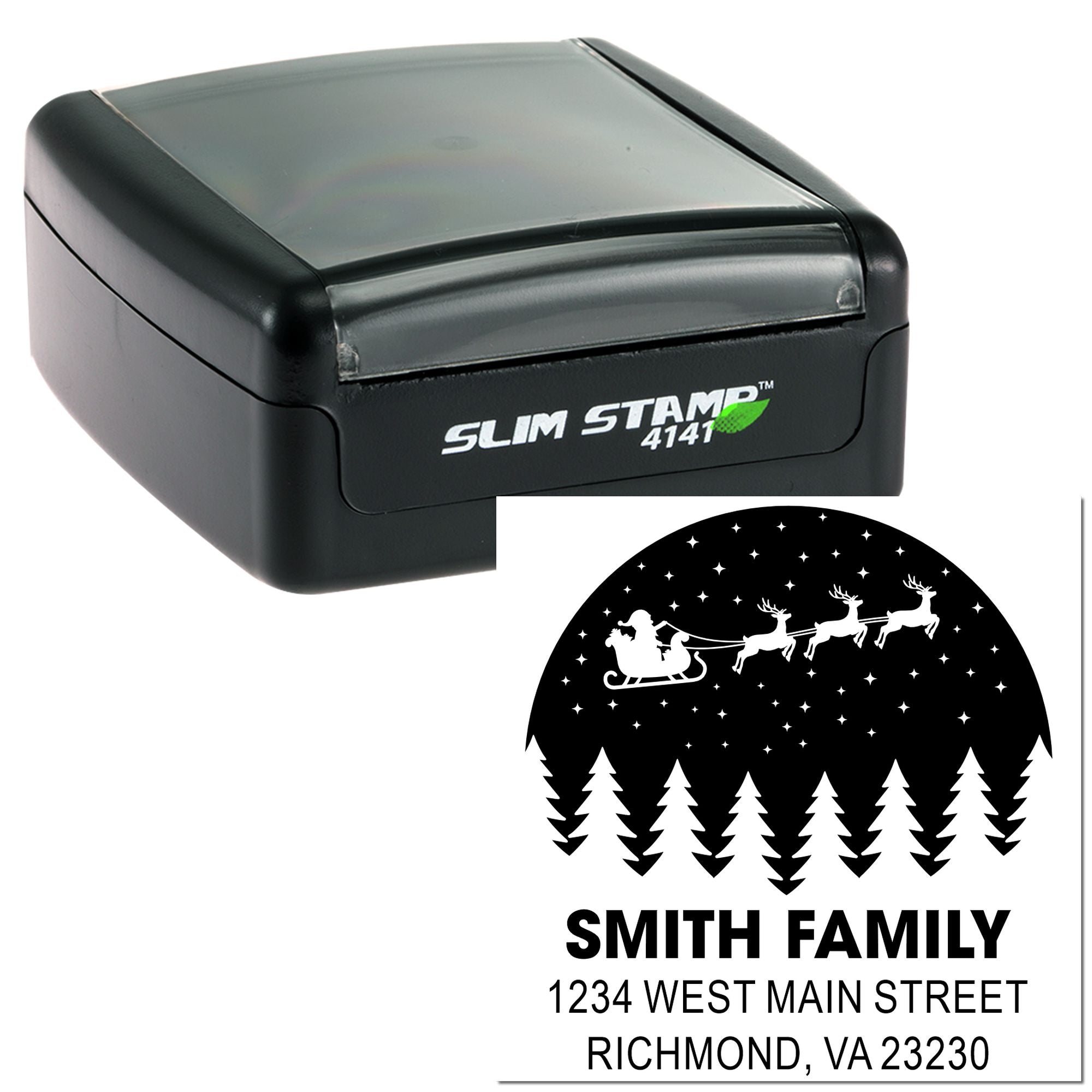 Custom self-inking Slim Stamp 4141 rubber stamp for holiday return address with Santa sleigh, family name, and mailing address.