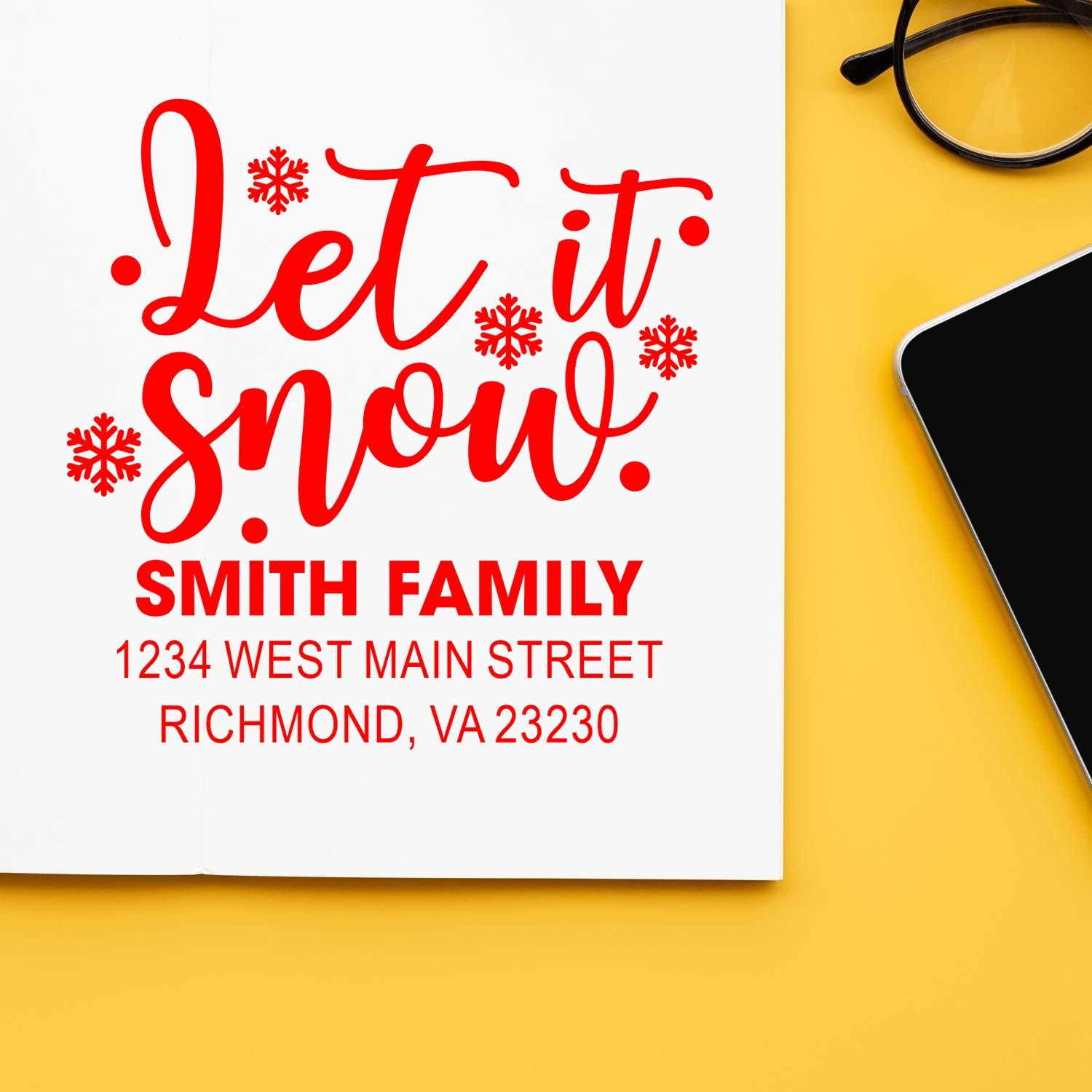 Personalized Christmas rubber stamp with Let it Snow, Smith family name, and return address for festive holiday mail.