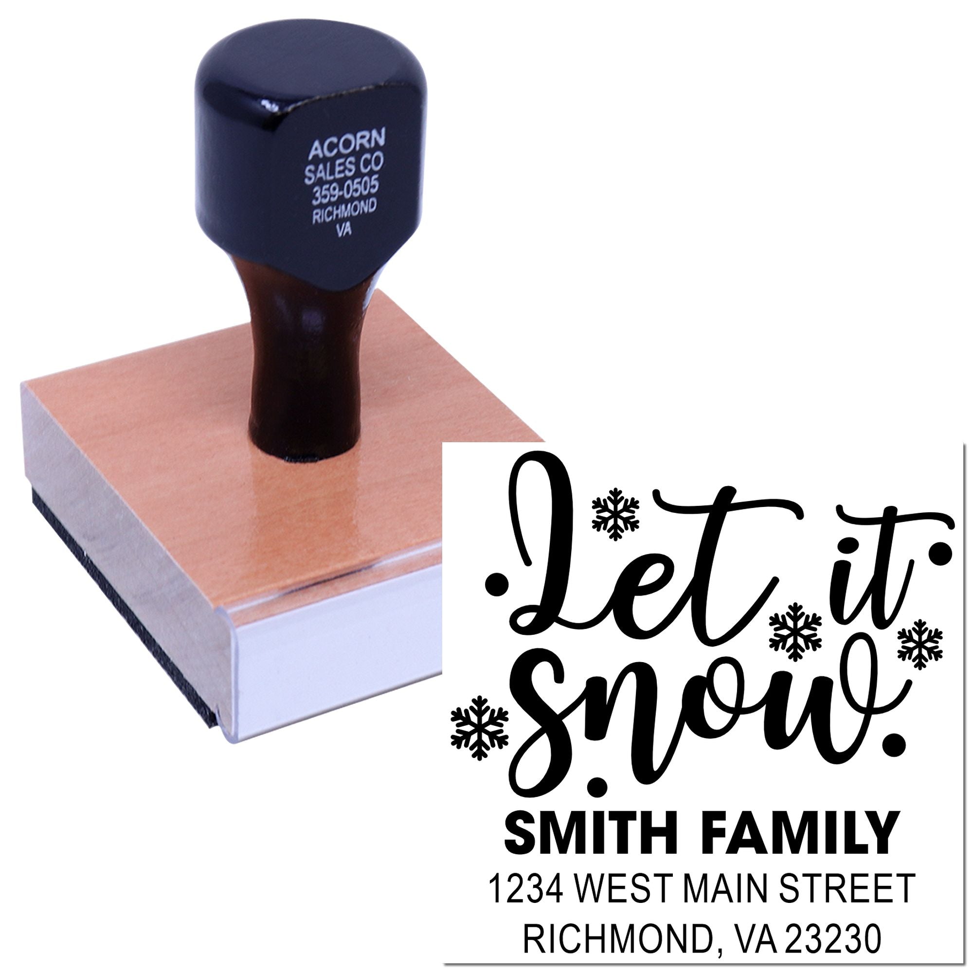 Personalized rubber stamp with Let It Snow holiday return address design for Christmas cards and winter mailings.