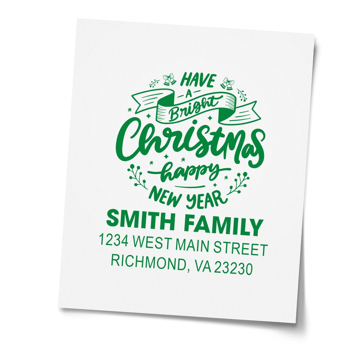Custom Christmas and New Year rubber stamp with holiday greeting and personalized Smith Family return address.