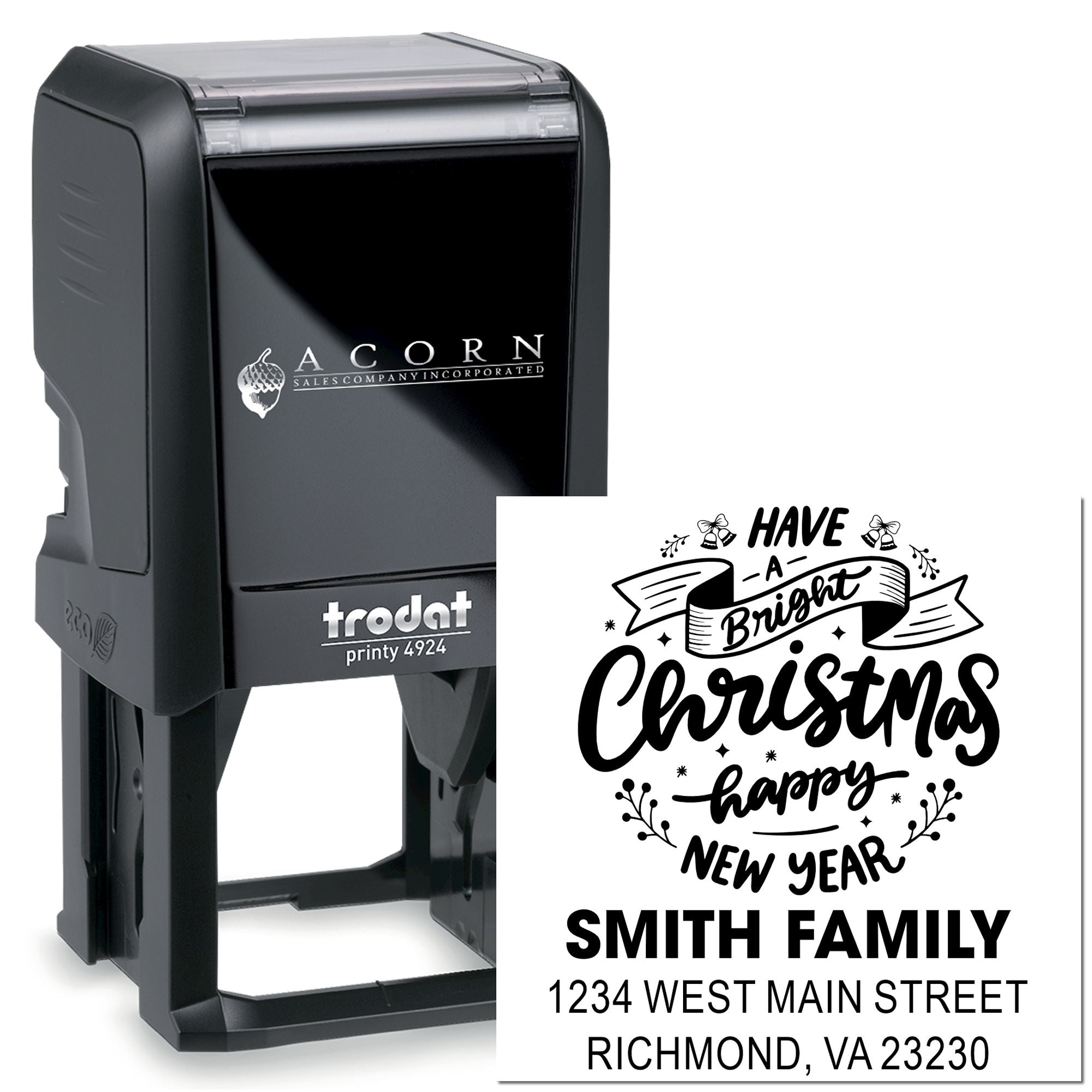 Custom self-inking Christmas return address rubber stamp with festive family name and address design.