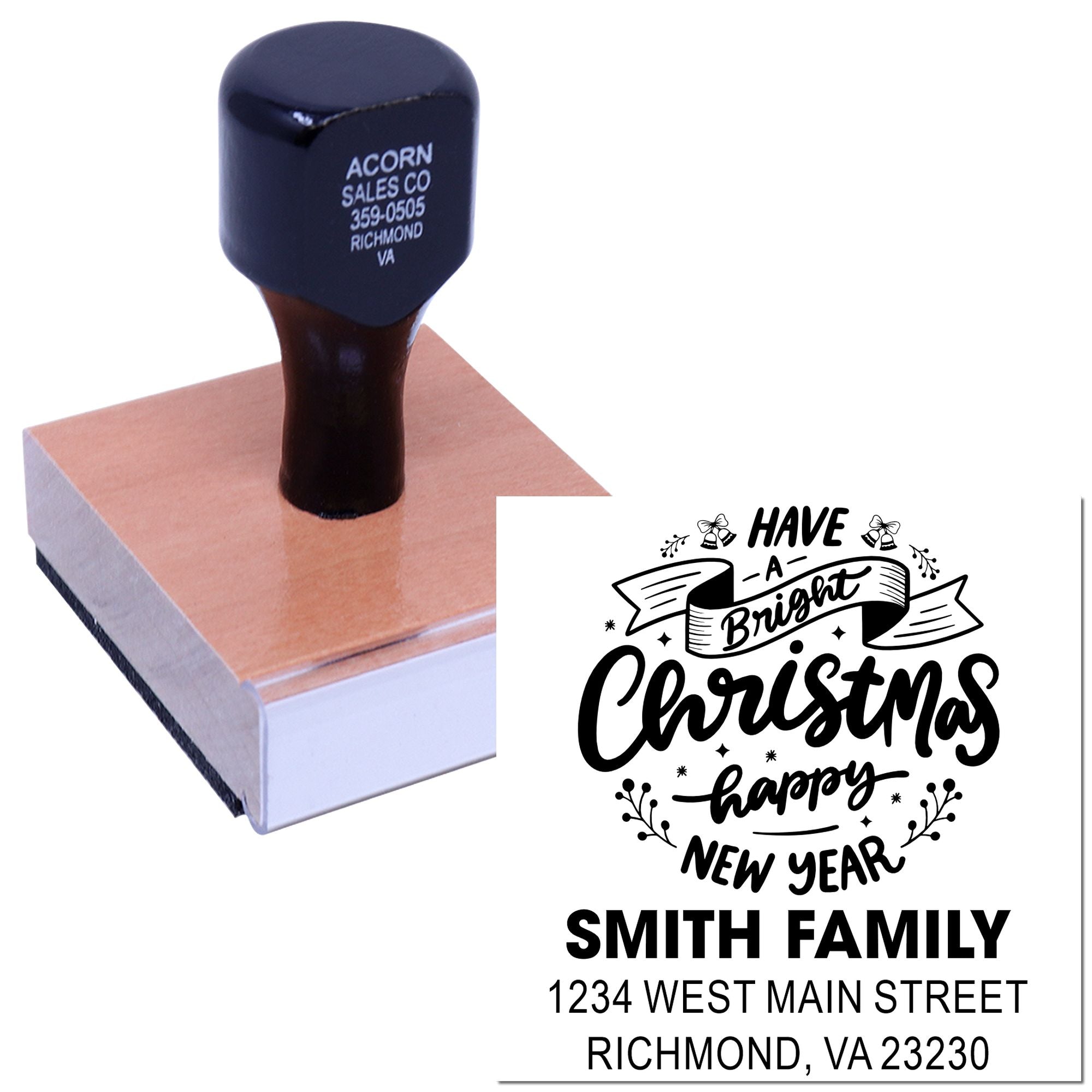 Custom self-inking rubber stamp for holiday return address labels, featuring Smith Family, Richmond, VA.