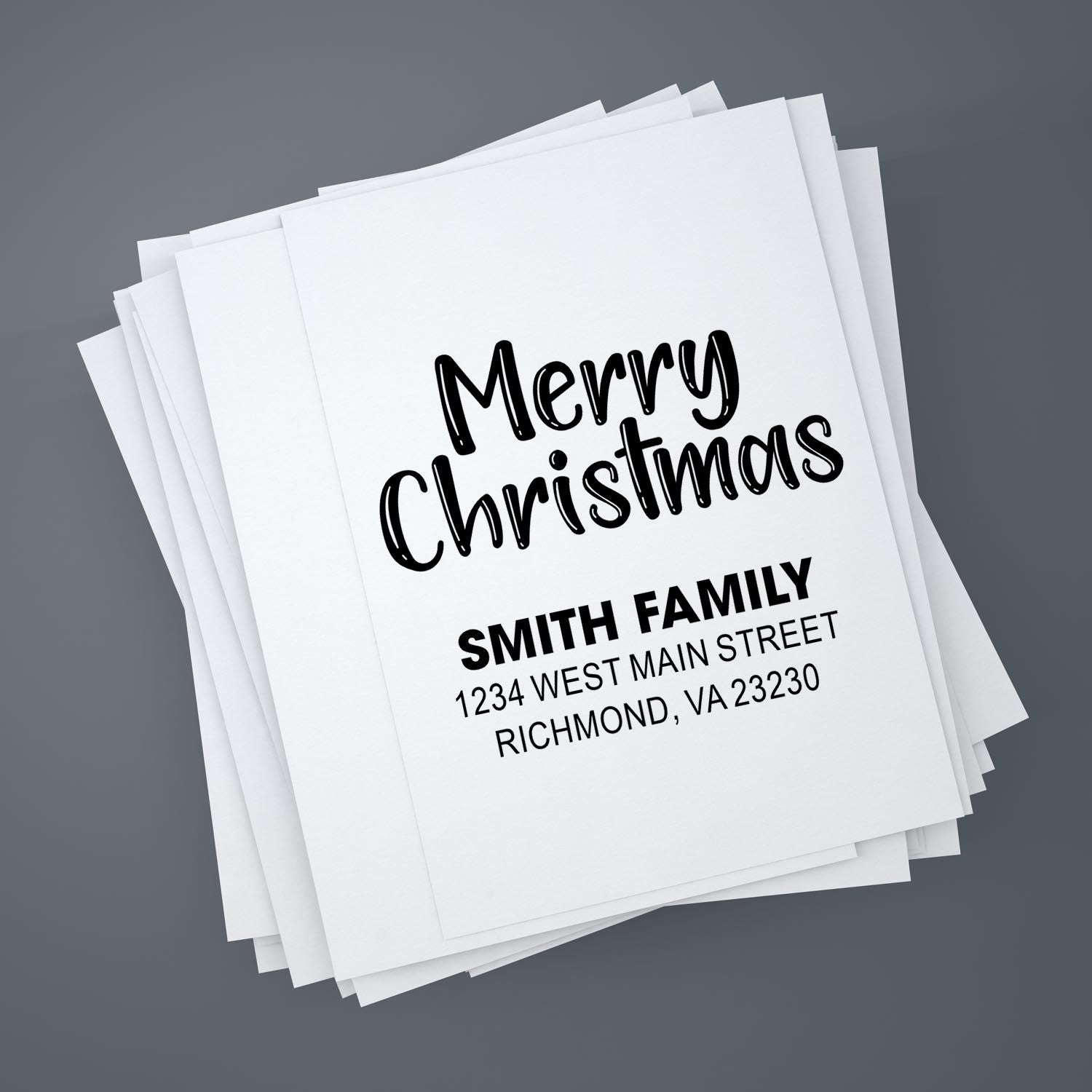 Personalized Merry Christmas rubber stamp with Smith family return address for holiday cards.
