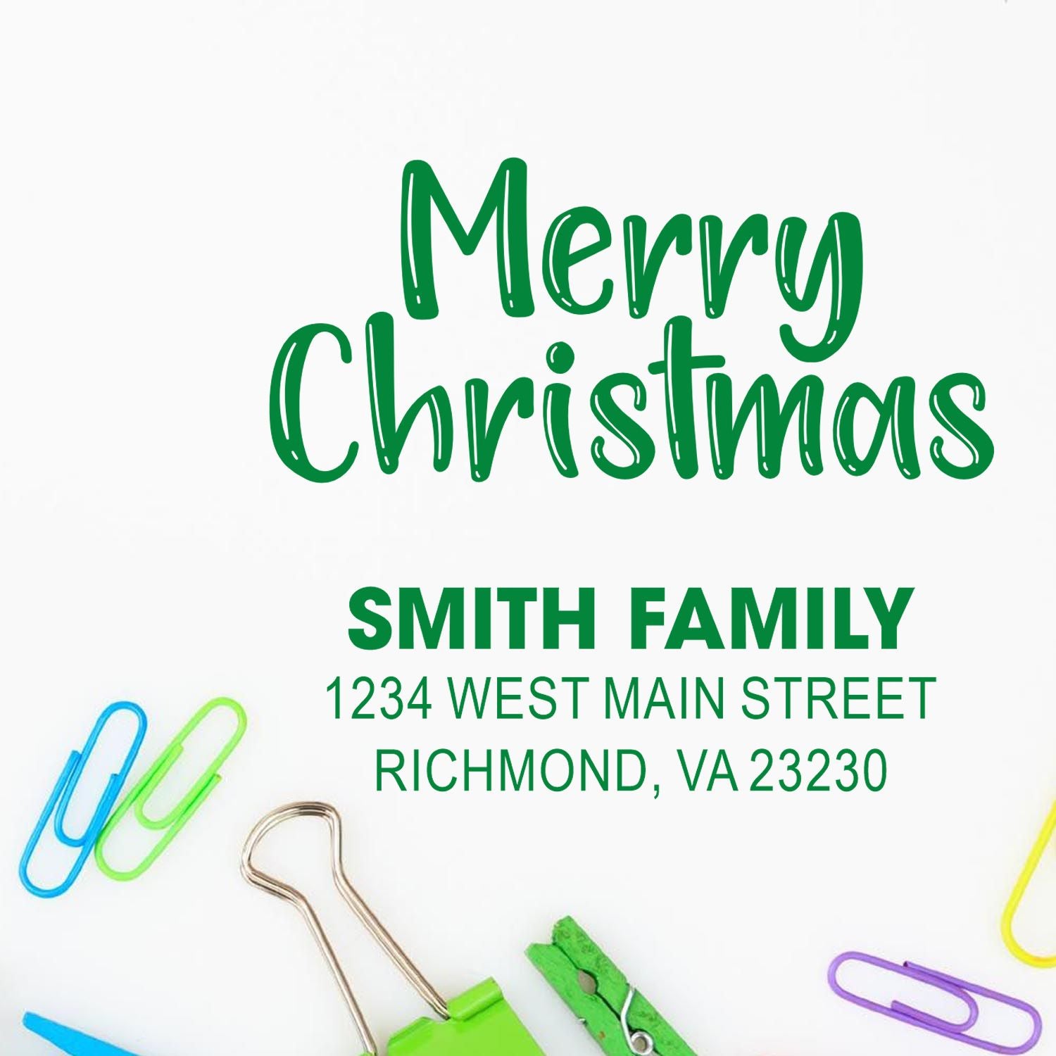 Personalized Merry Christmas address rubber stamp for Smith Family, Richmond, VA holiday mail.