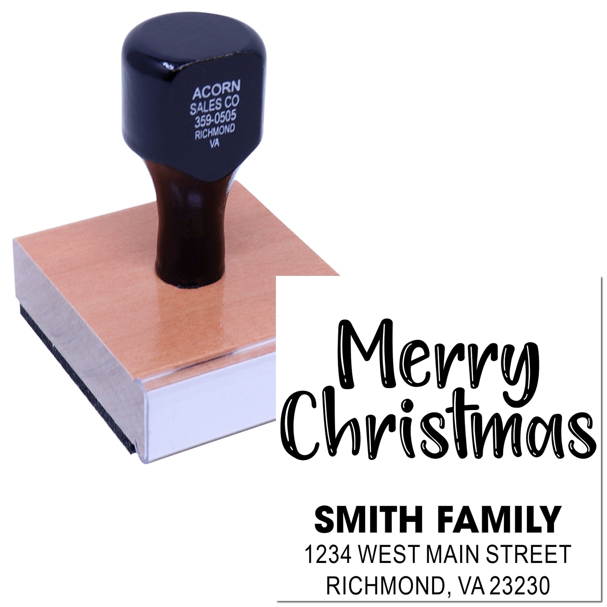 Custom Merry Christmas rubber stamp with Smith Family return address for holiday cards and envelopes.