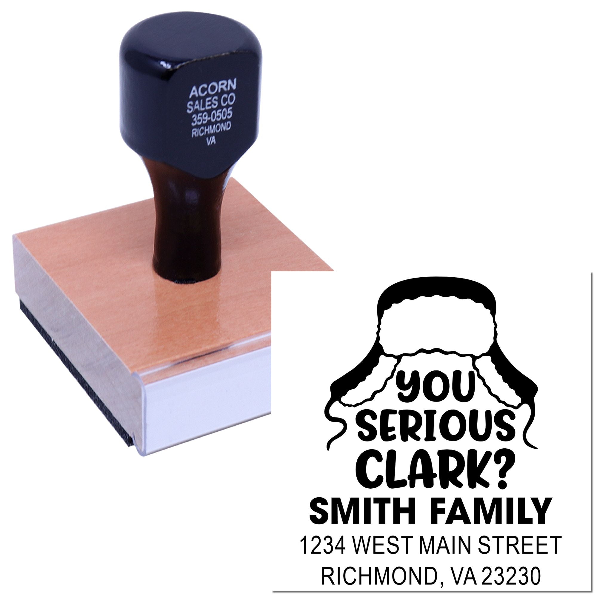 Custom rubber stamp showing personalized return address and You Serious Clark? family address stamp design.