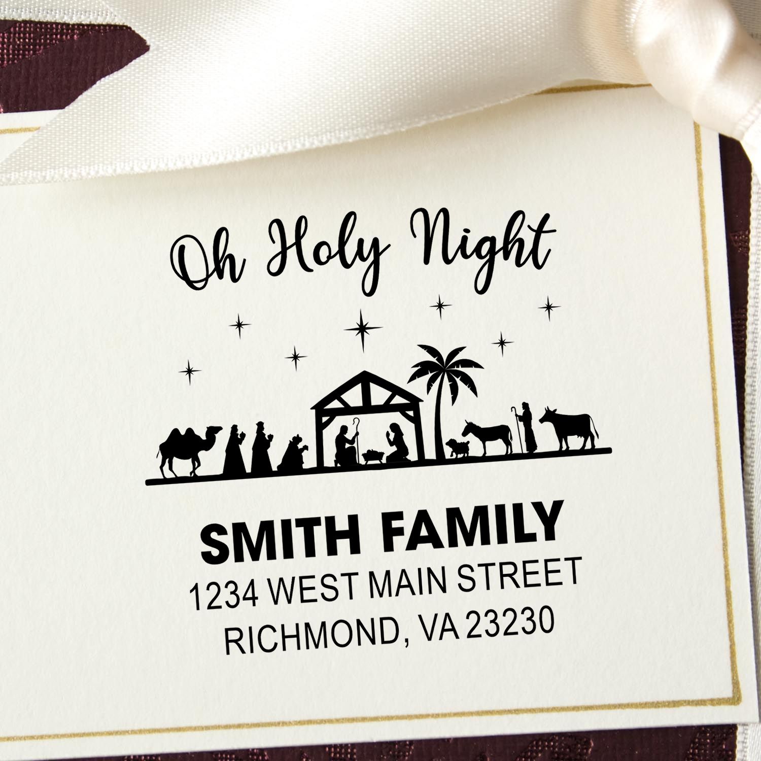 Custom holiday address rubber stamp with nativity silhouette, Oh Holy Night text, and Smith Family address for Christmas cards.