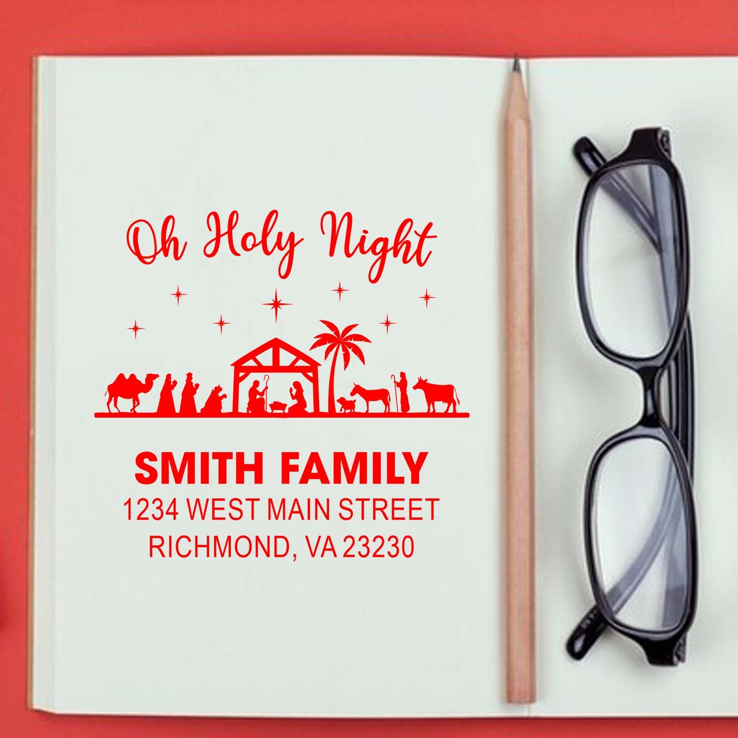 Custom Christmas rubber stamp design with nativity scene, Oh Holy Night, Smith Family name and address.