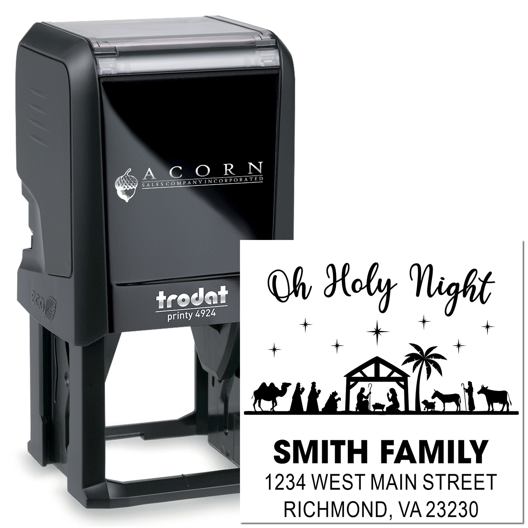 Custom self-inking rubber stamp with Oh Holy Night nativity design and Smith family return address imprint.