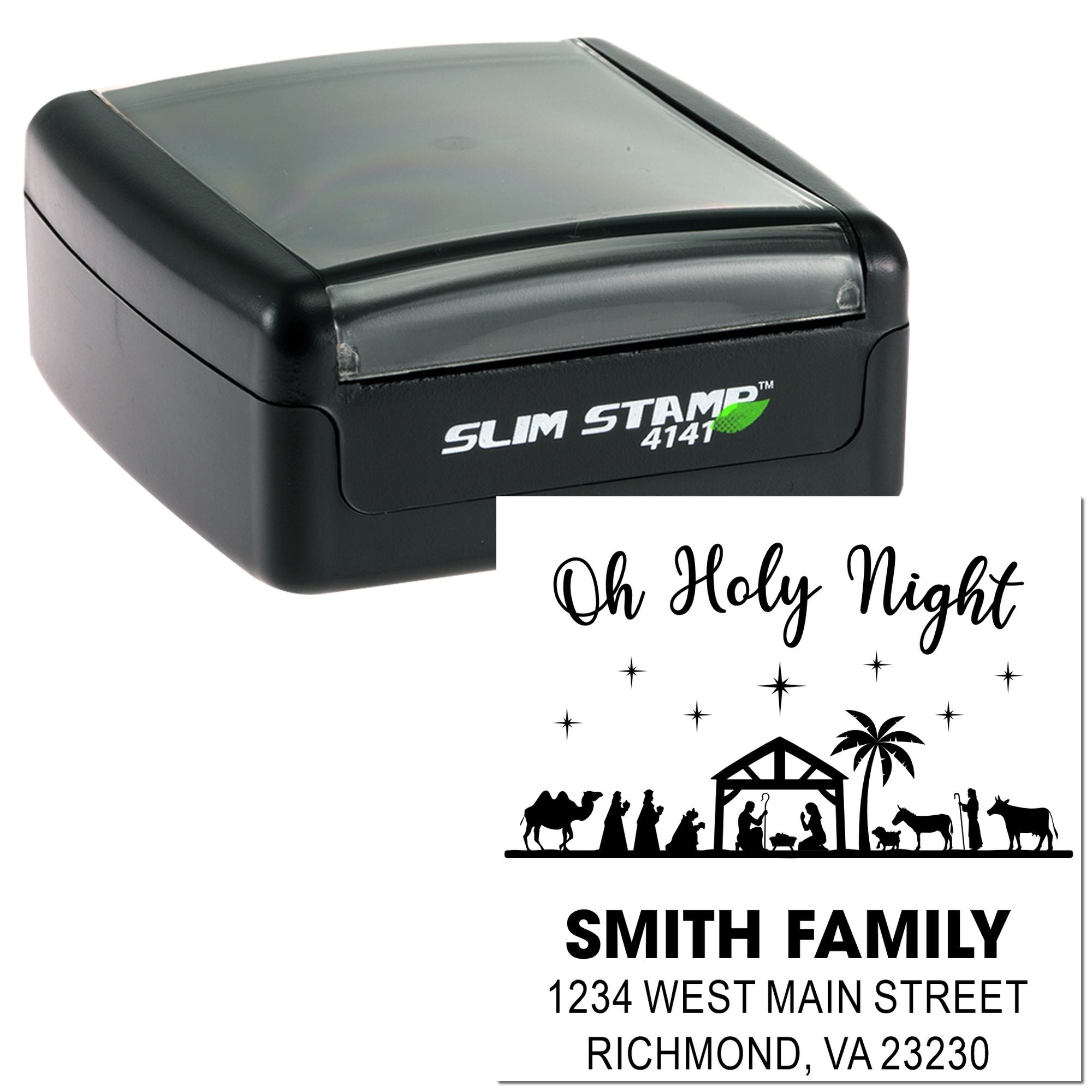 Custom self-inking rubber stamp with Nativity Oh Holy Night Smith Family return address imprint for holiday mail