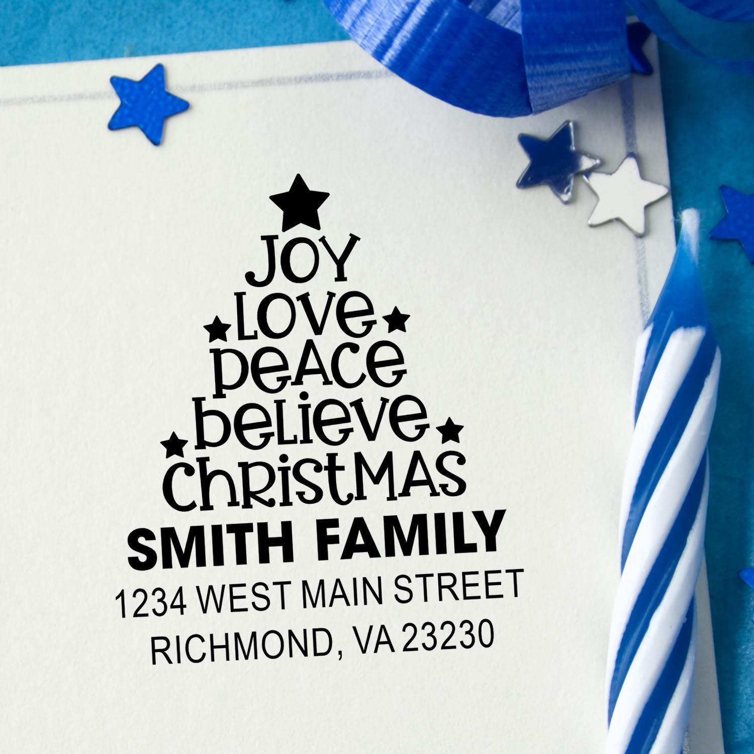 Personalized Christmas return address rubber stamp with Joy Love Peace Believe tree for festive holiday cards.