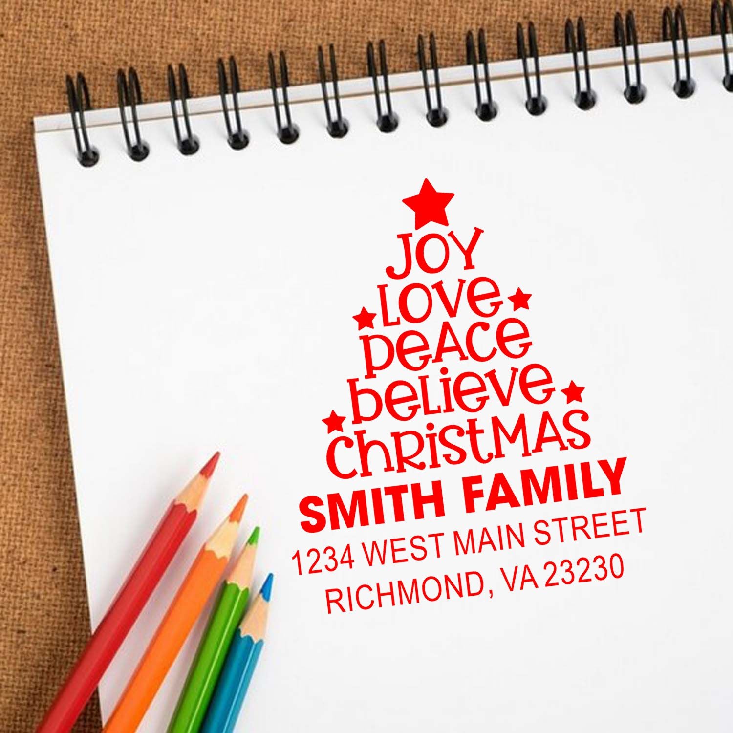 Custom Christmas tree rubber stamp with family name and address for holiday cards, gift tags and seasonal mailings.