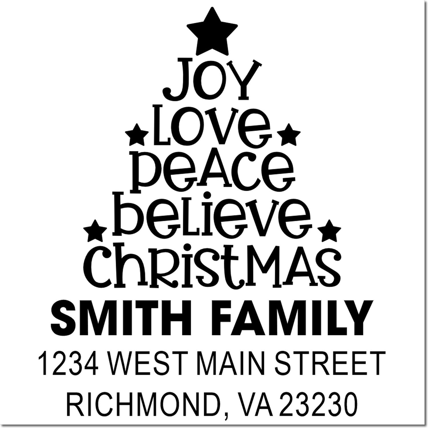 Custom Christmas tree rubber stamp with Joy, Love, Peace, Believe, family name, and return address for holiday cards.