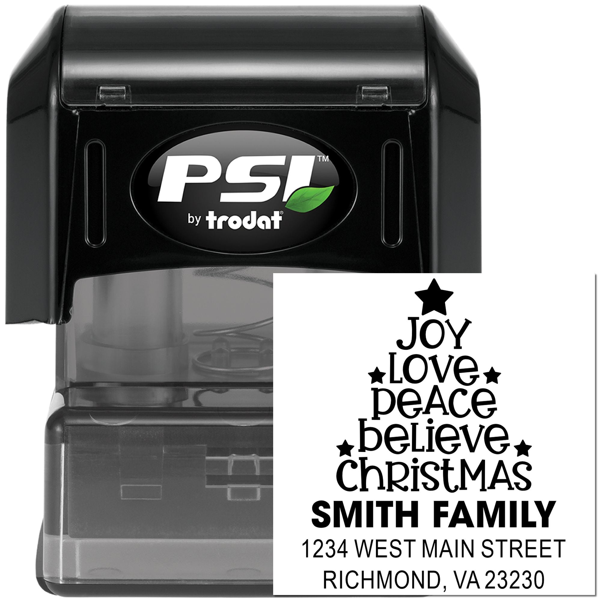 PSI by Trodat self-inking rubber stamp with personalized Christmas return address design, Joy Love Peace Believe, Smith Family
