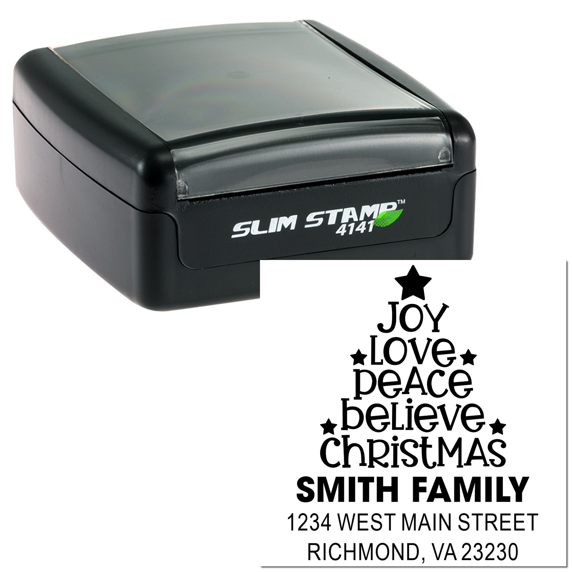 Custom self-inking rubber stamp with holiday family return address design and Joy Love Peace Believe Christmas imprint