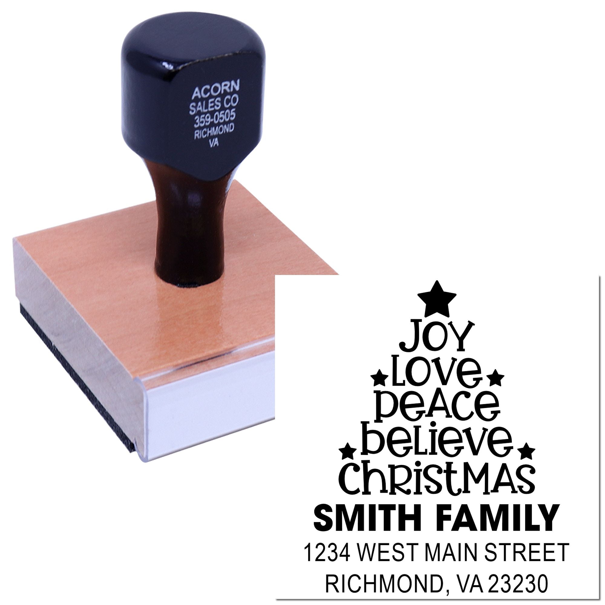 Personalized rubber stamp for holiday cards with family name, address, and Christmas greeting design.