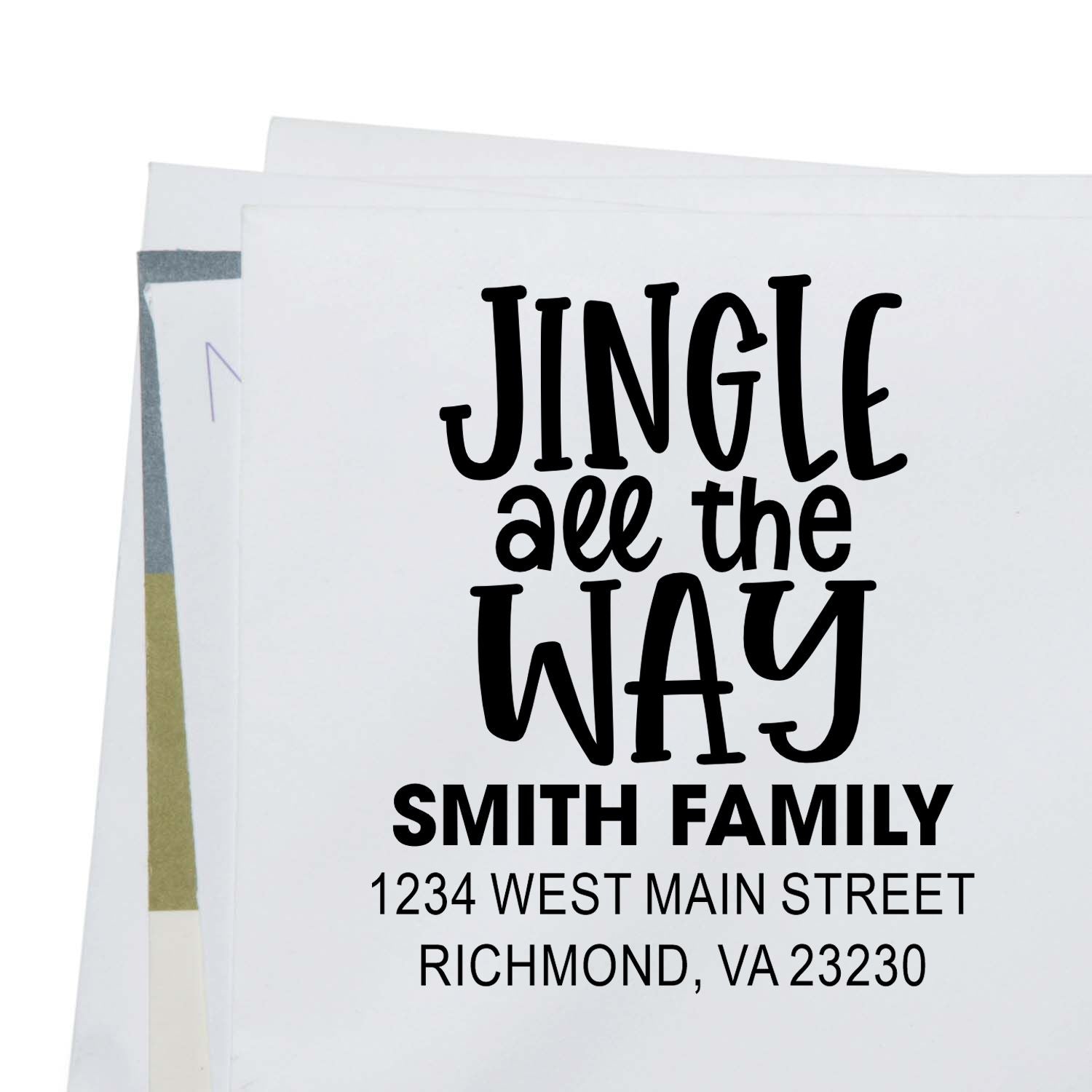 Custom Christmas return address rubber stamp: Jingle All the Way for Smith Family, Richmond, VA 23230