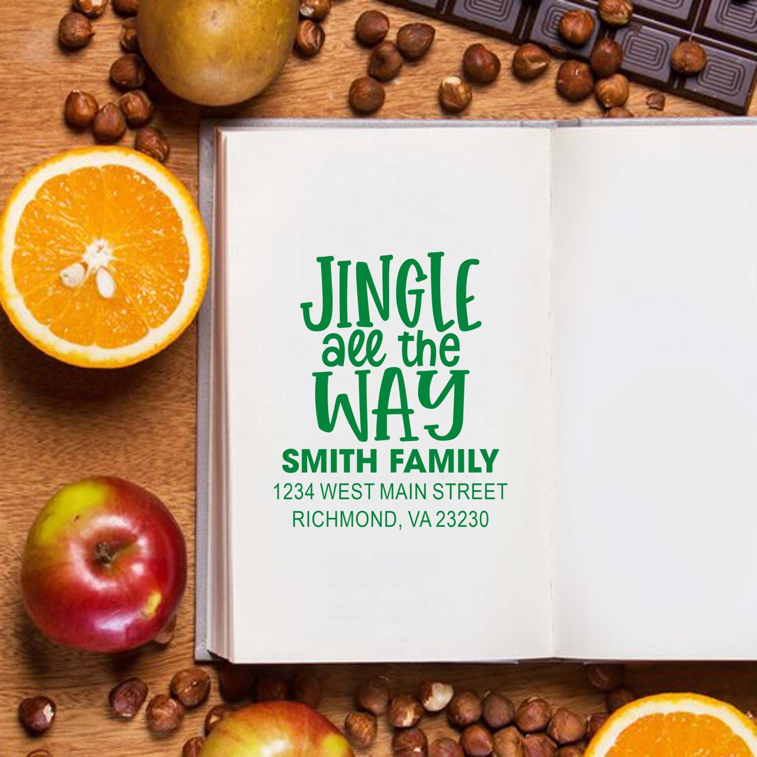 Personalized holiday rubber stamp with Jingle All the Way Smith family address for Christmas cards and gift packaging.
