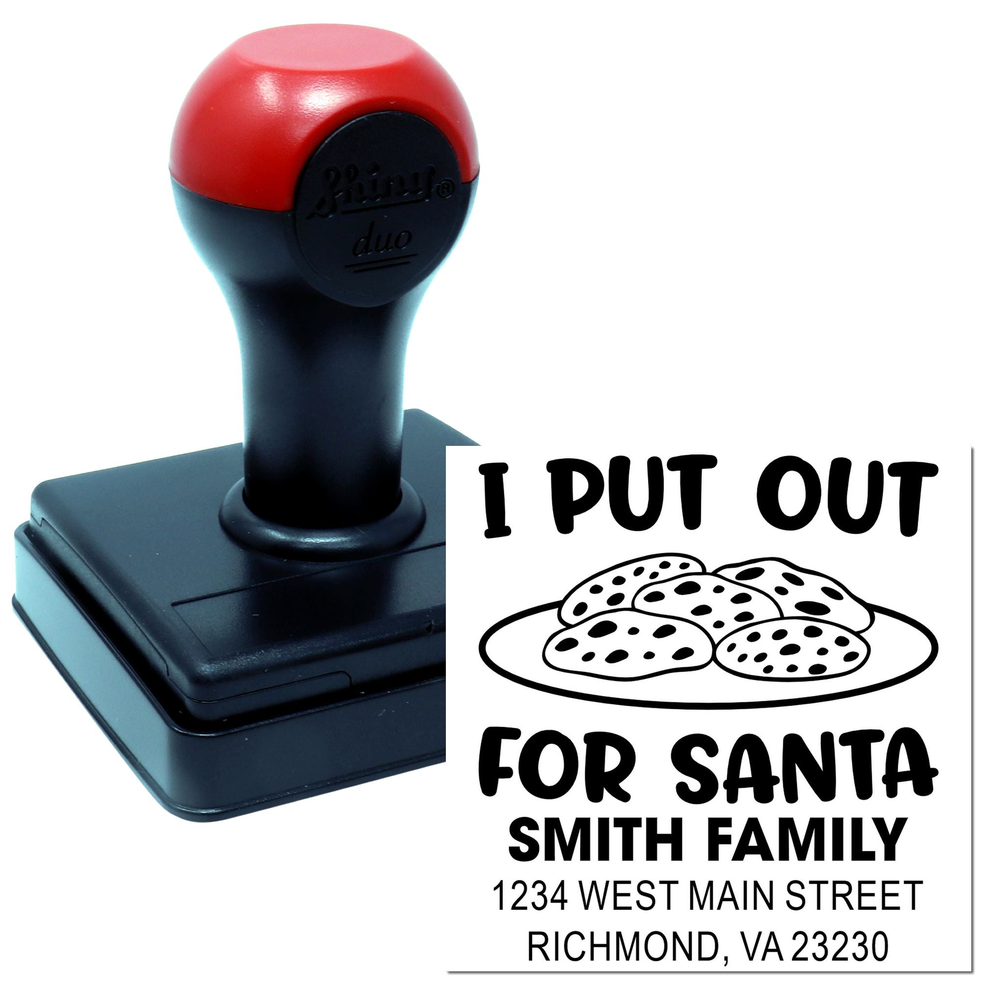 Custom self-inking rubber stamp with holiday cookie design and personalized return address imprint for Christmas cards.
