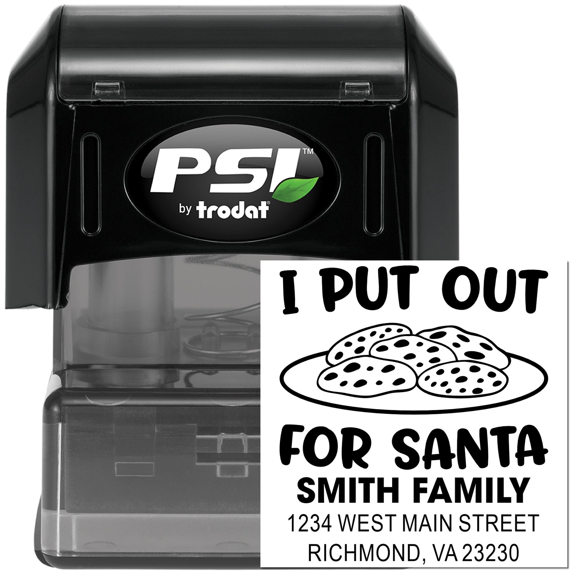 Personalized Christmas return address rubber stamp by PSI by Trodat with I Put Out for Santa design.