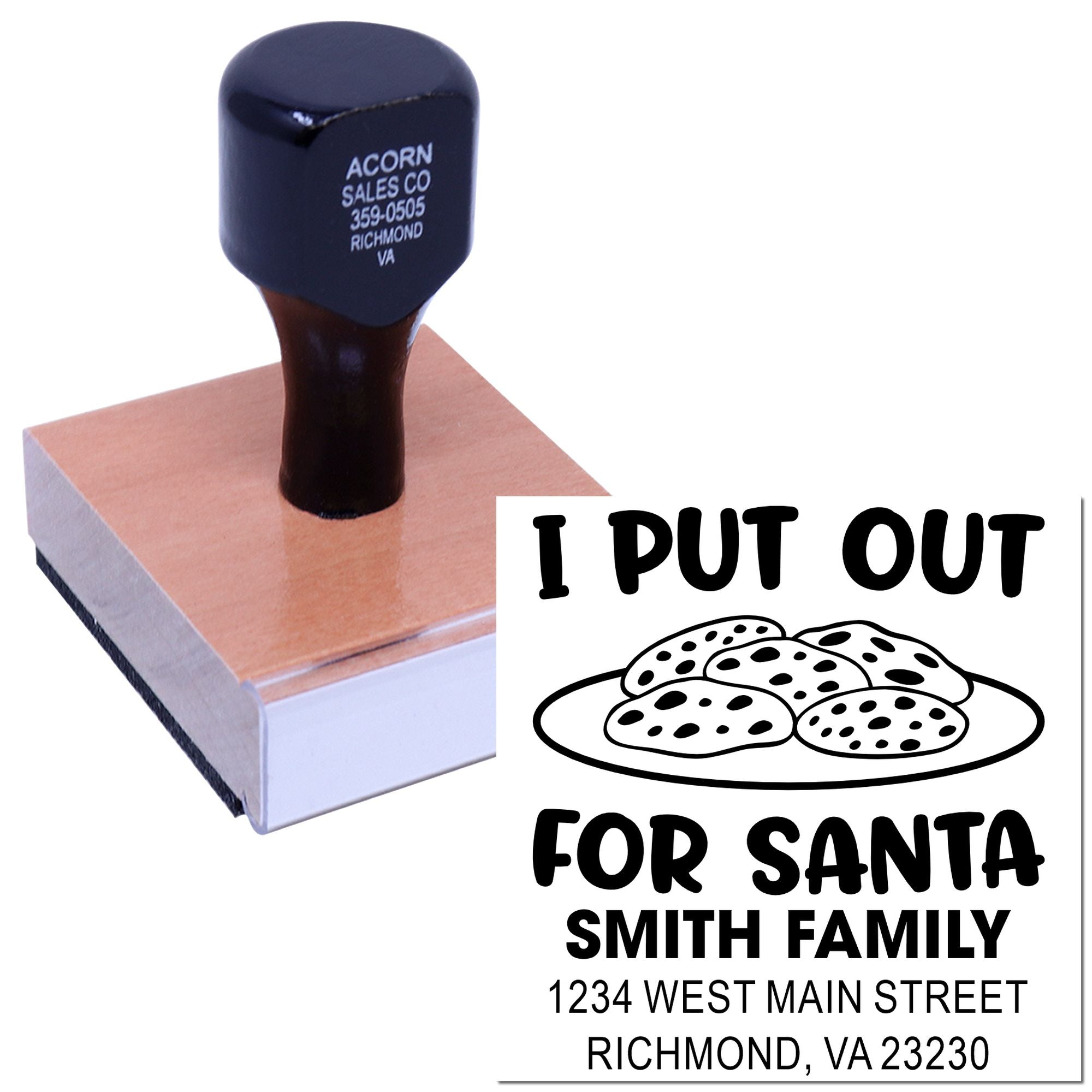 Personalized rubber stamp with I Put Out for Santa cookie plate design and family address for Christmas gifting.