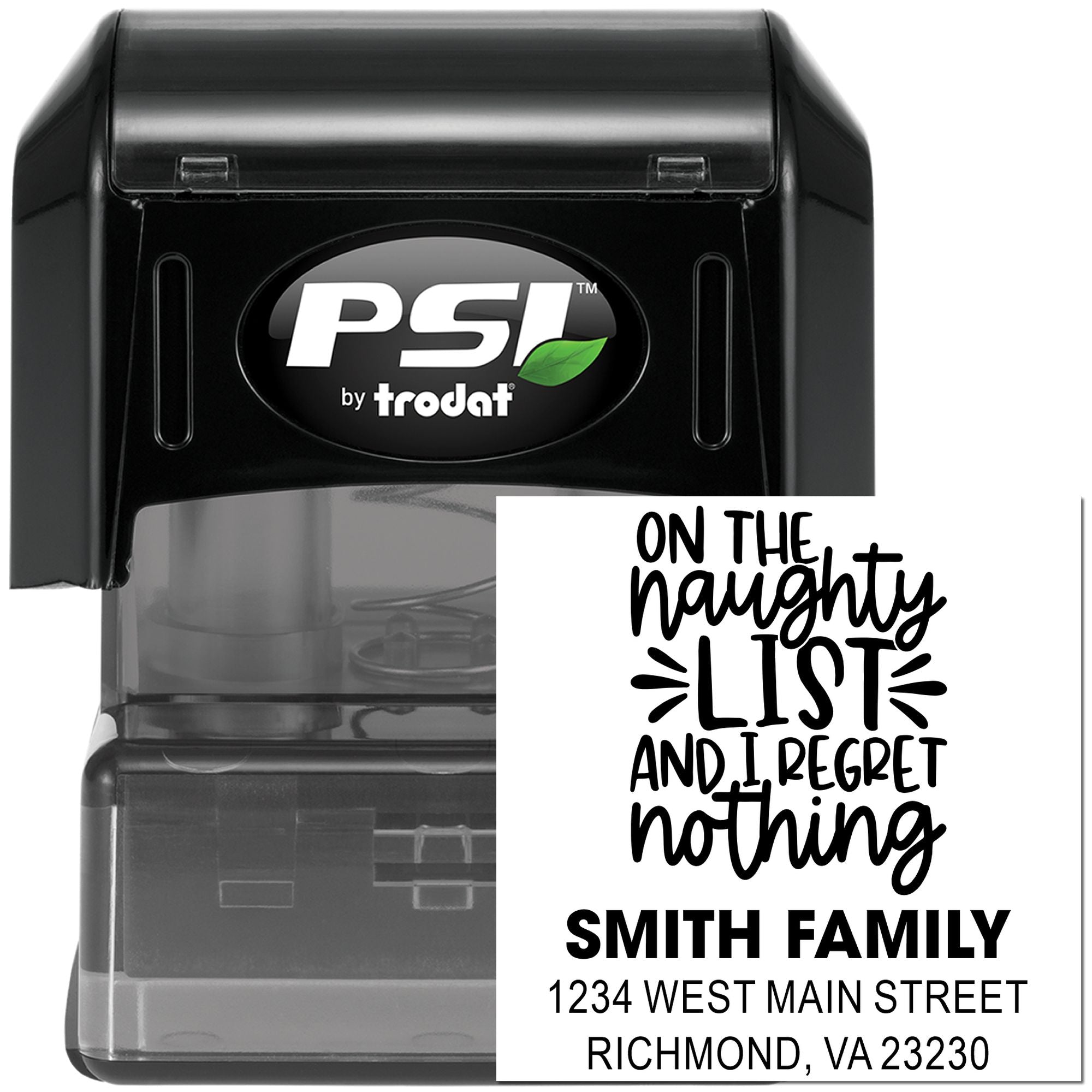 Self-inking rubber stamp with custom holiday naughty list return address design for Smith Family in Richmond, VA.