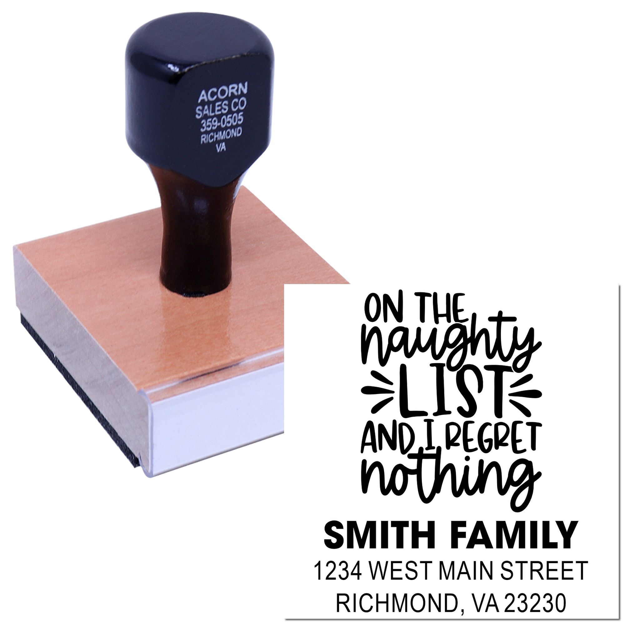 Custom personalized return address rubber stamp with naughty list holiday design for Smith Family, Richmond, VA.