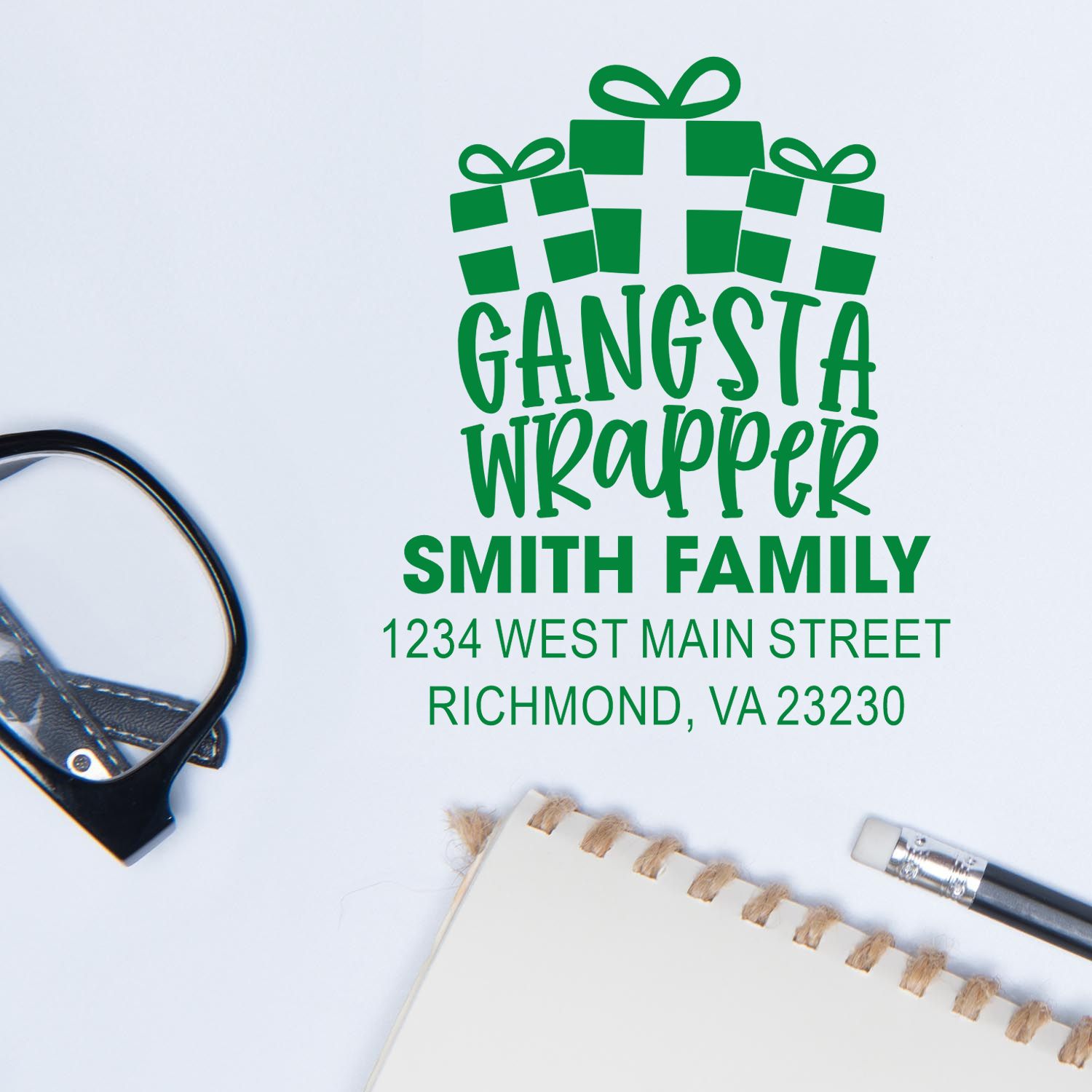 Custom Christmas rubber stamp with Gangsta Wrapper, Smith Family name and address for holiday gift wrapping.