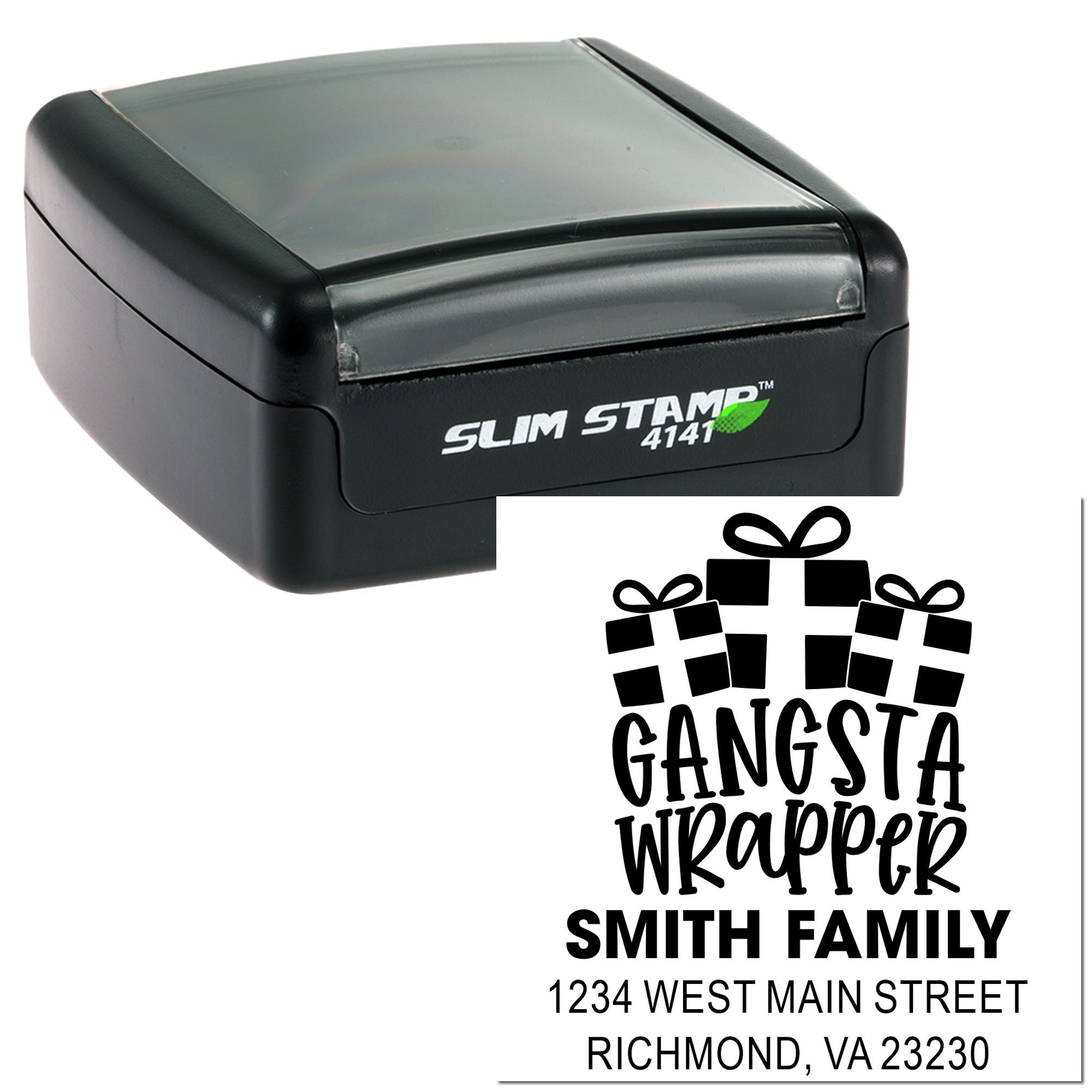 Custom self-inking rubber stamp for gift wrapping, featuring Gangsta Wrapped family name and address design.
