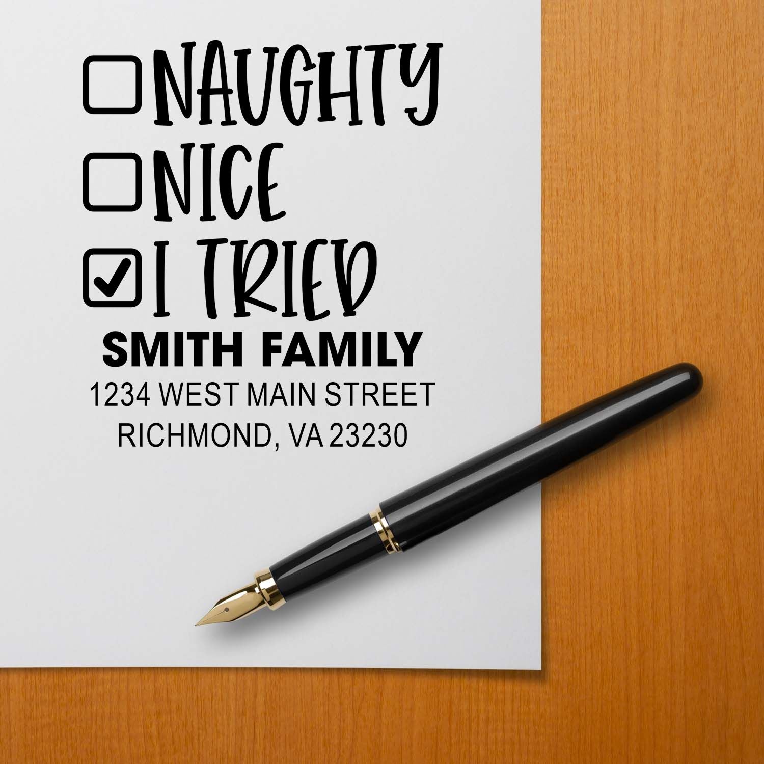 Custom rubber stamp with naughty, nice, I tried checklist and Smith Family return address for holiday cards.