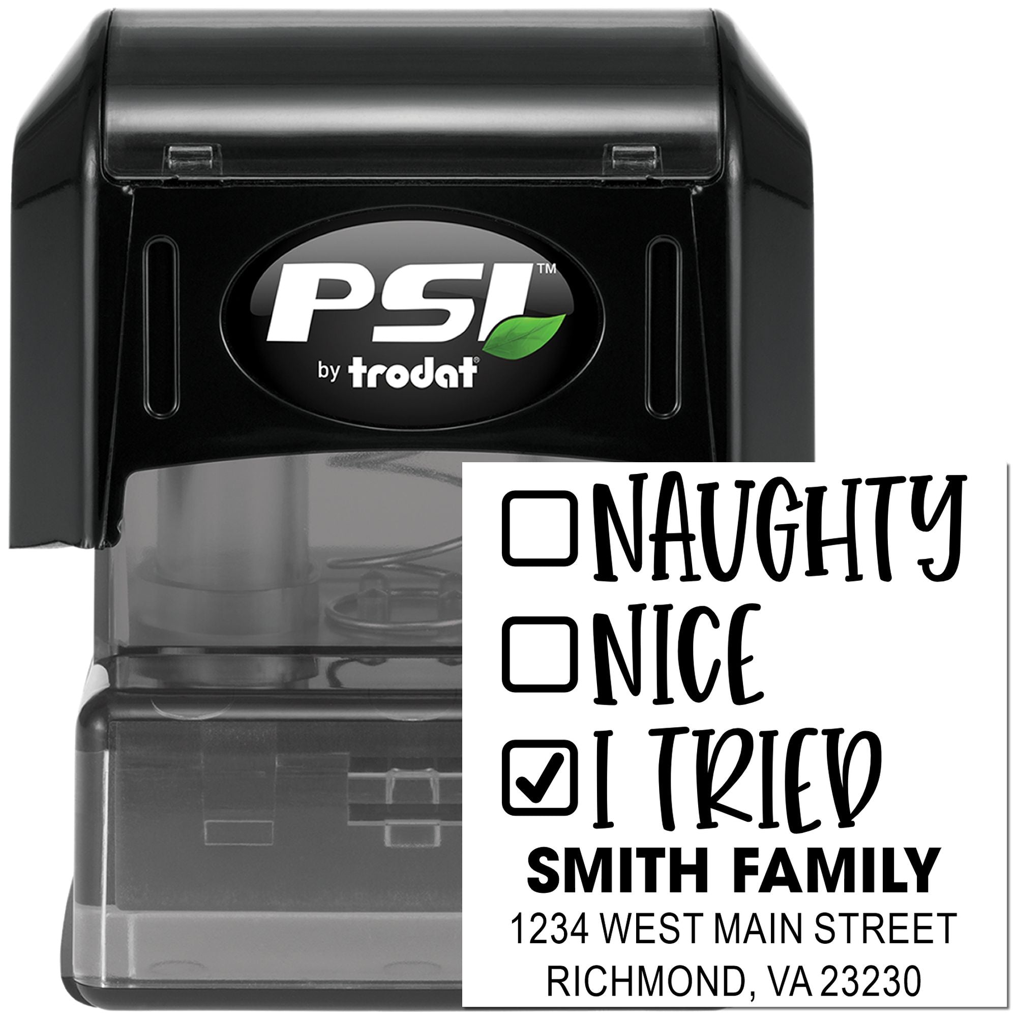 Custom self-inking rubber stamp by PSI by Trodat with naughty/nice checklist and family address for holiday mail.