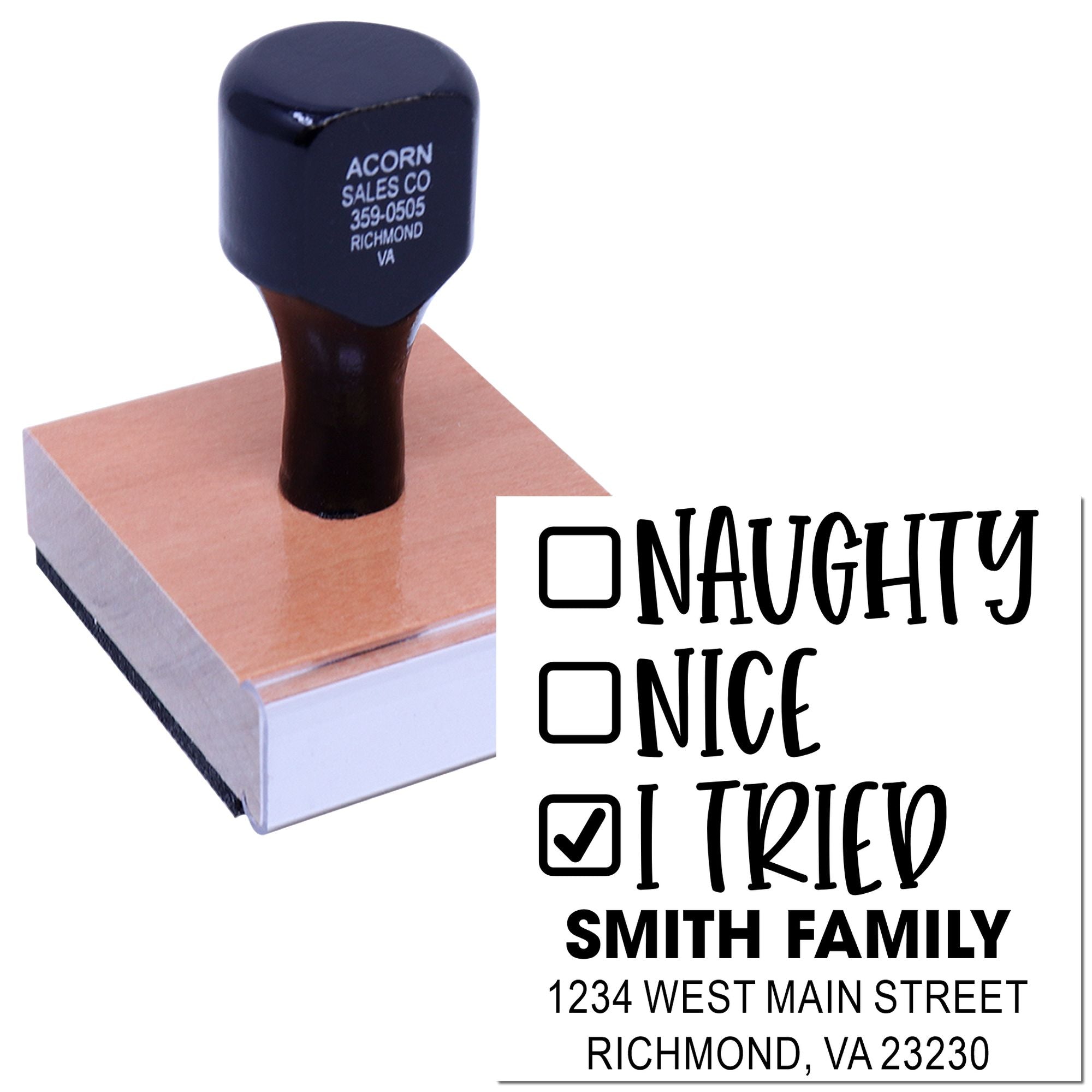 Custom self-inking rubber address stamp for Smith Family, with Richmond, VA return address for mailing.