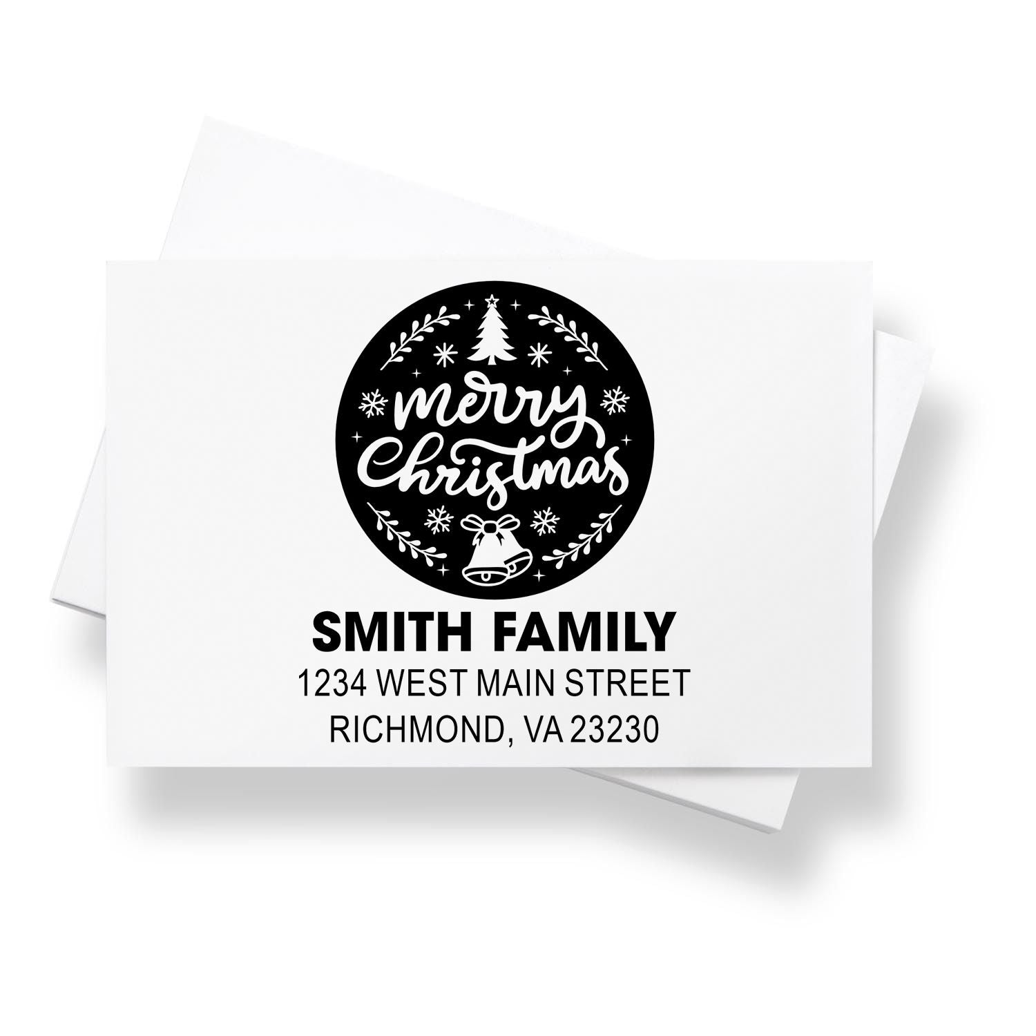 Personalized Merry Christmas return address rubber stamp for Smith Family with festive holiday design