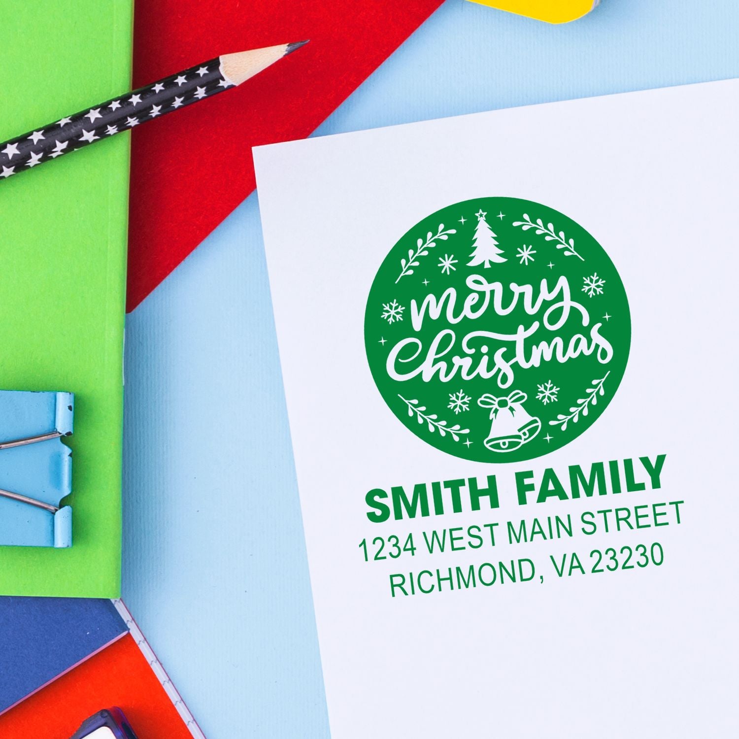Custom Merry Christmas rubber stamp with Smith family name and return address for holiday cards.