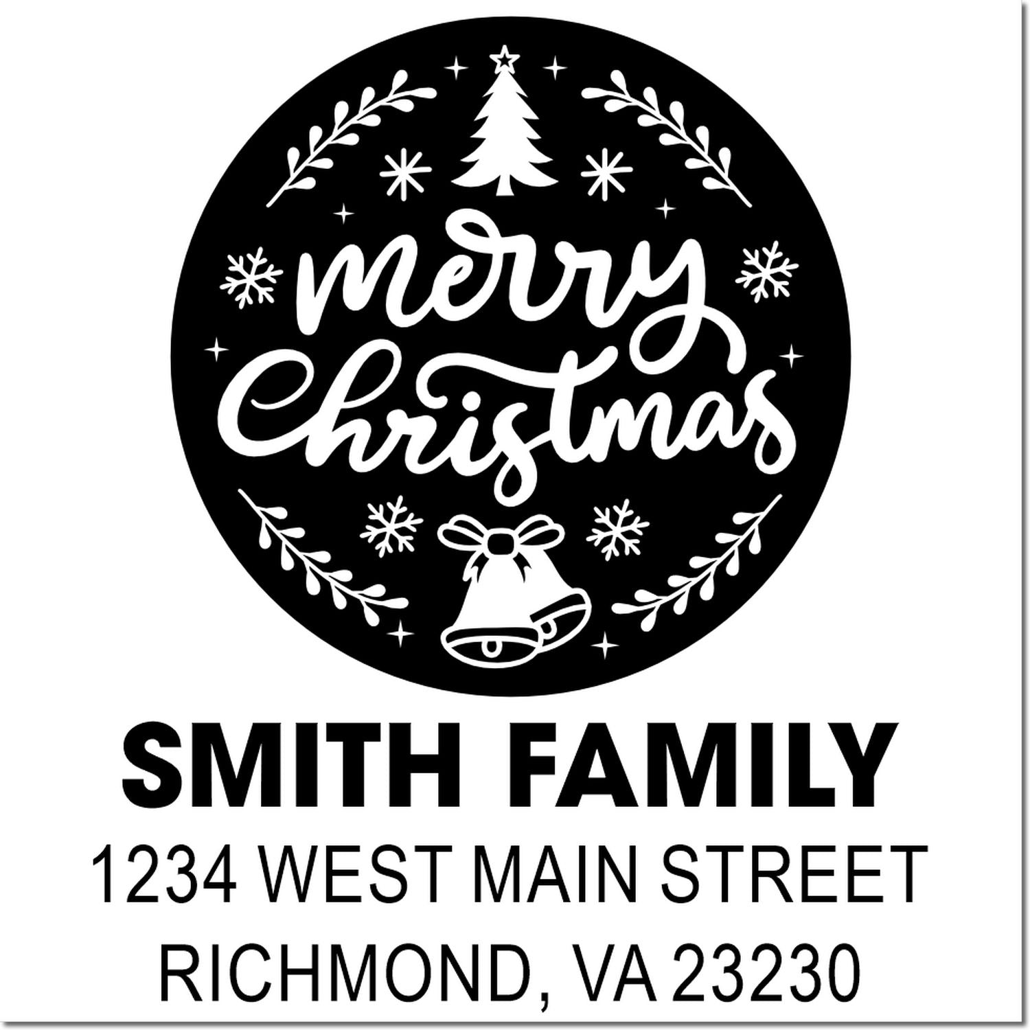 Custom Merry Christmas rubber stamp with family name and address for holiday cards, envelopes, and festive mailings.