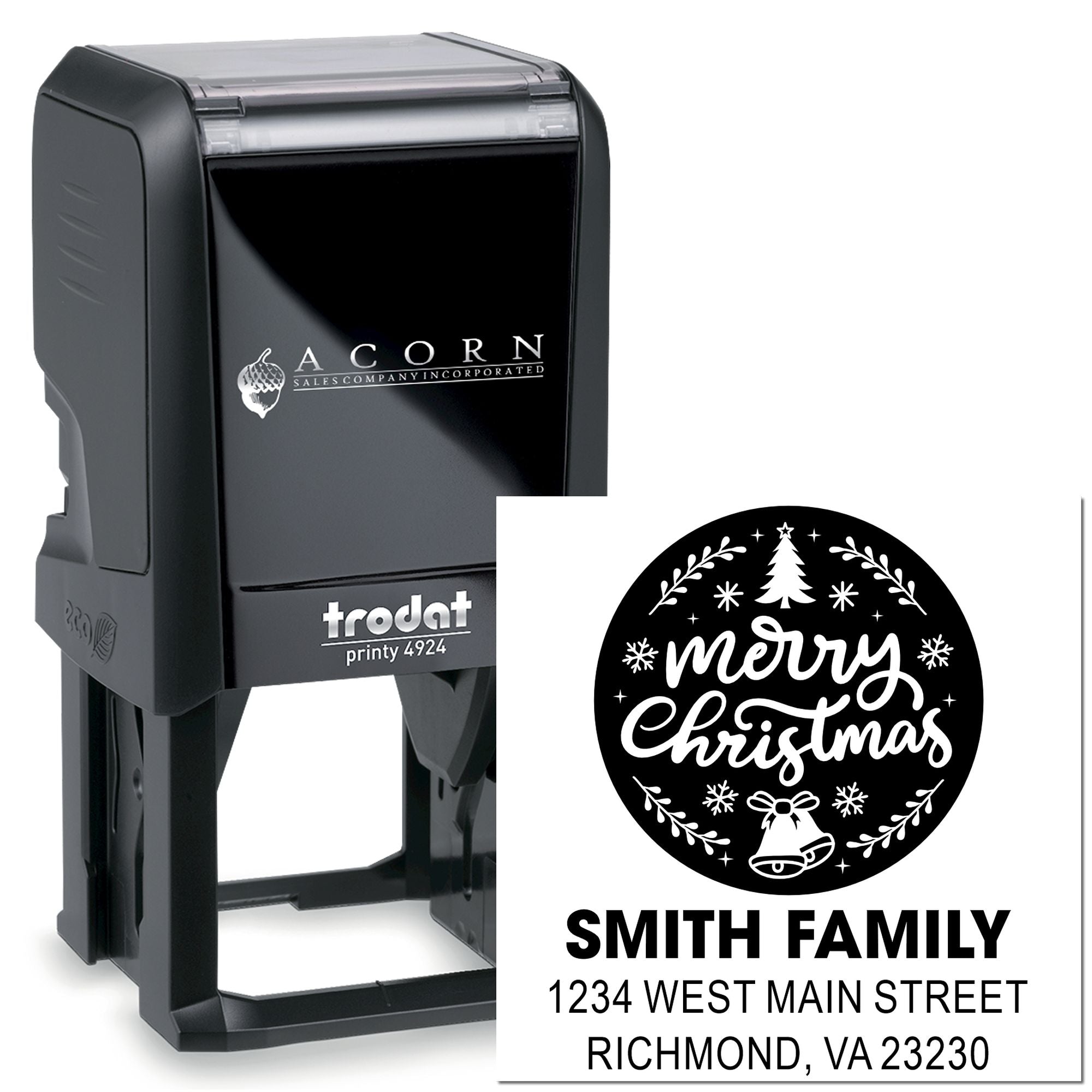 Custom Merry Christmas return address rubber stamp with Trodat self-inking stamp for holiday cards and mailings