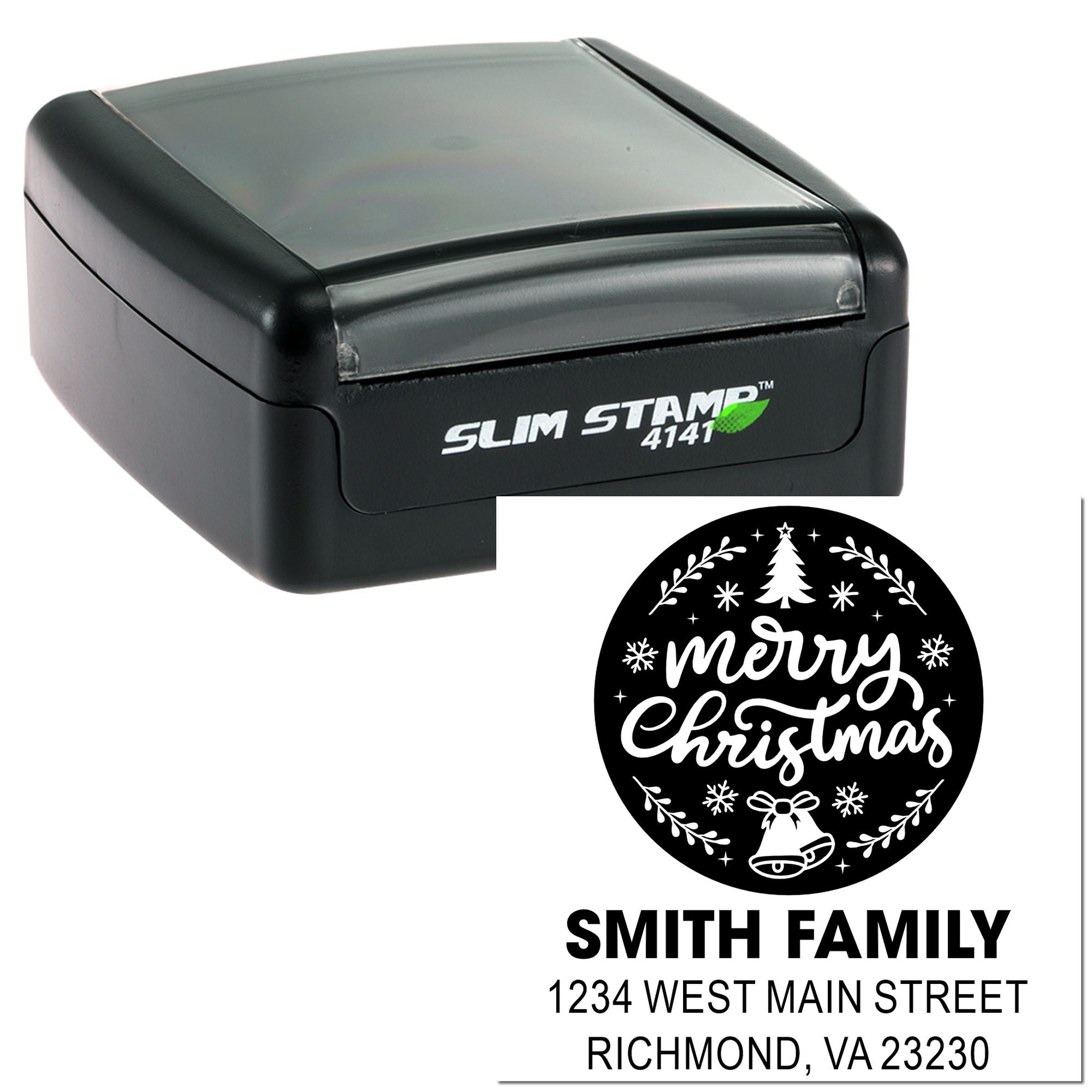 Custom self-inking rubber stamp with Merry Christmas return address design for Smith Family, Richmond, VA.