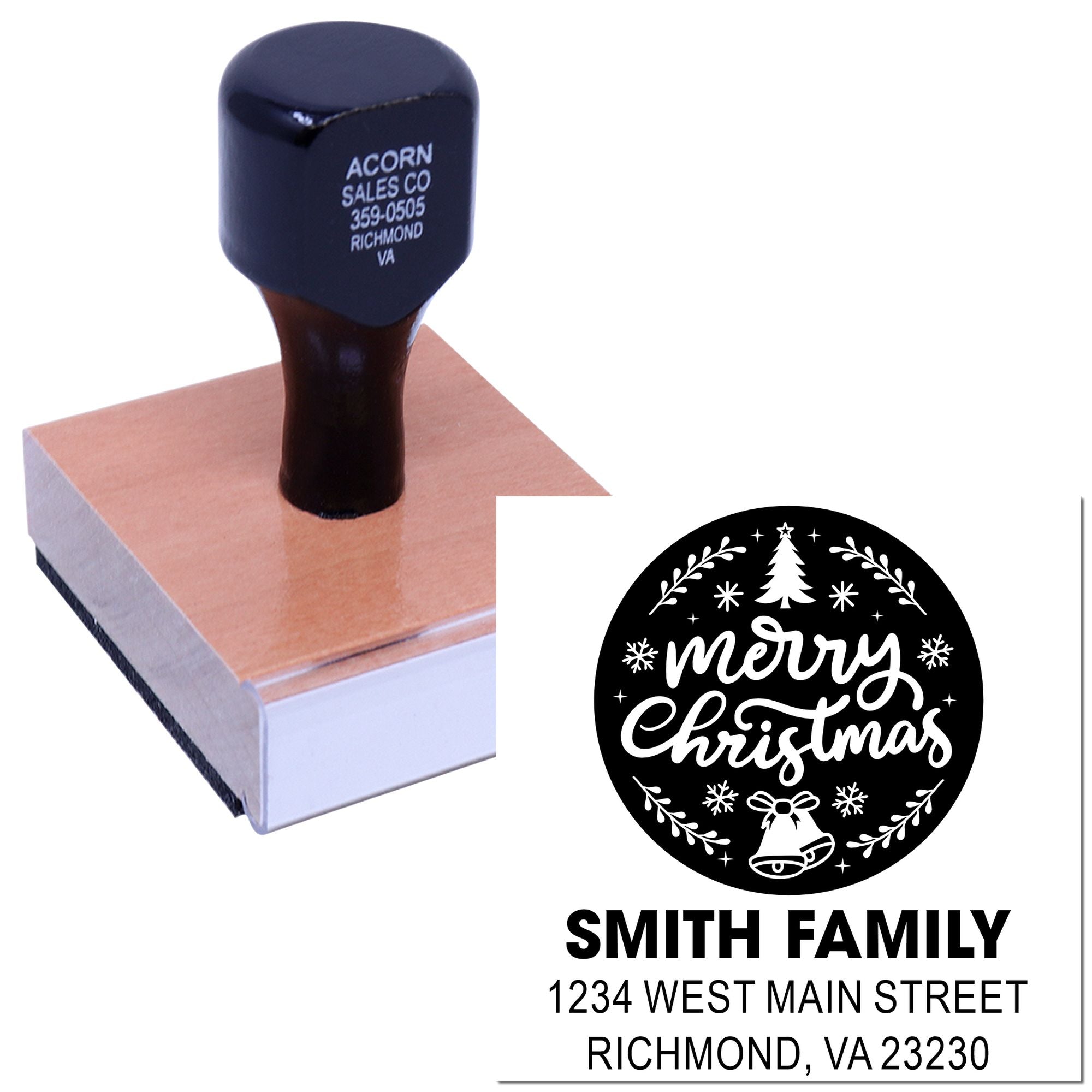 Personalized Christmas rubber stamp with Merry Christmas design and Smith family address for holiday cards and envelopes.