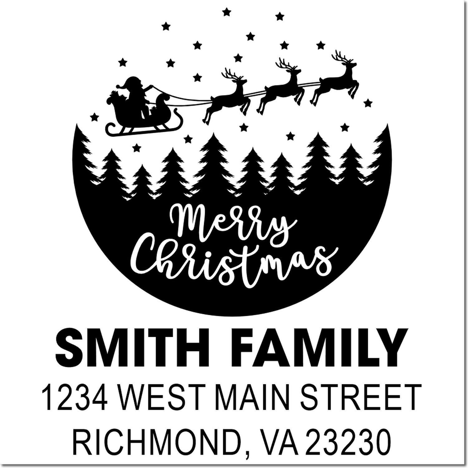 Custom Christmas return address rubber stamp with Santa sleigh, reindeer, Smith Family, Richmond VA 23230.