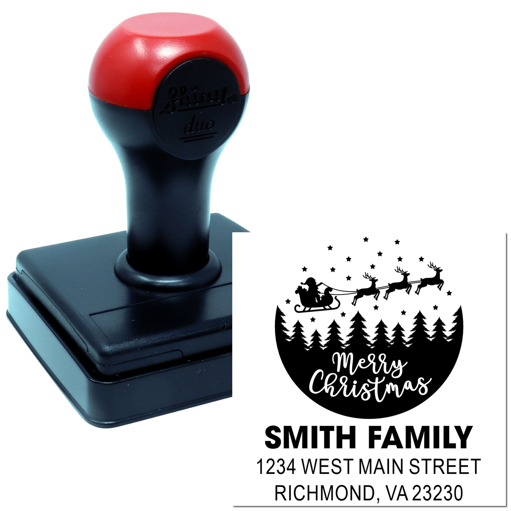 Custom self-inking rubber stamp with Merry Christmas family address design for holiday cards and return address labeling.