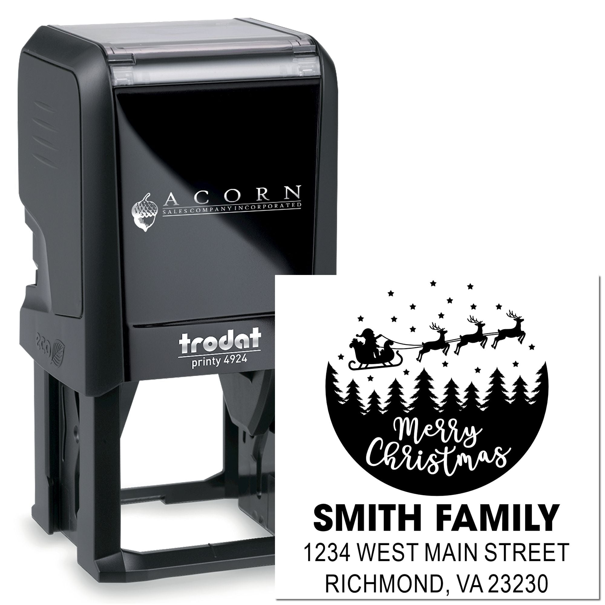 Trodat self-inking rubber stamp showing a custom Merry Christmas family return address design